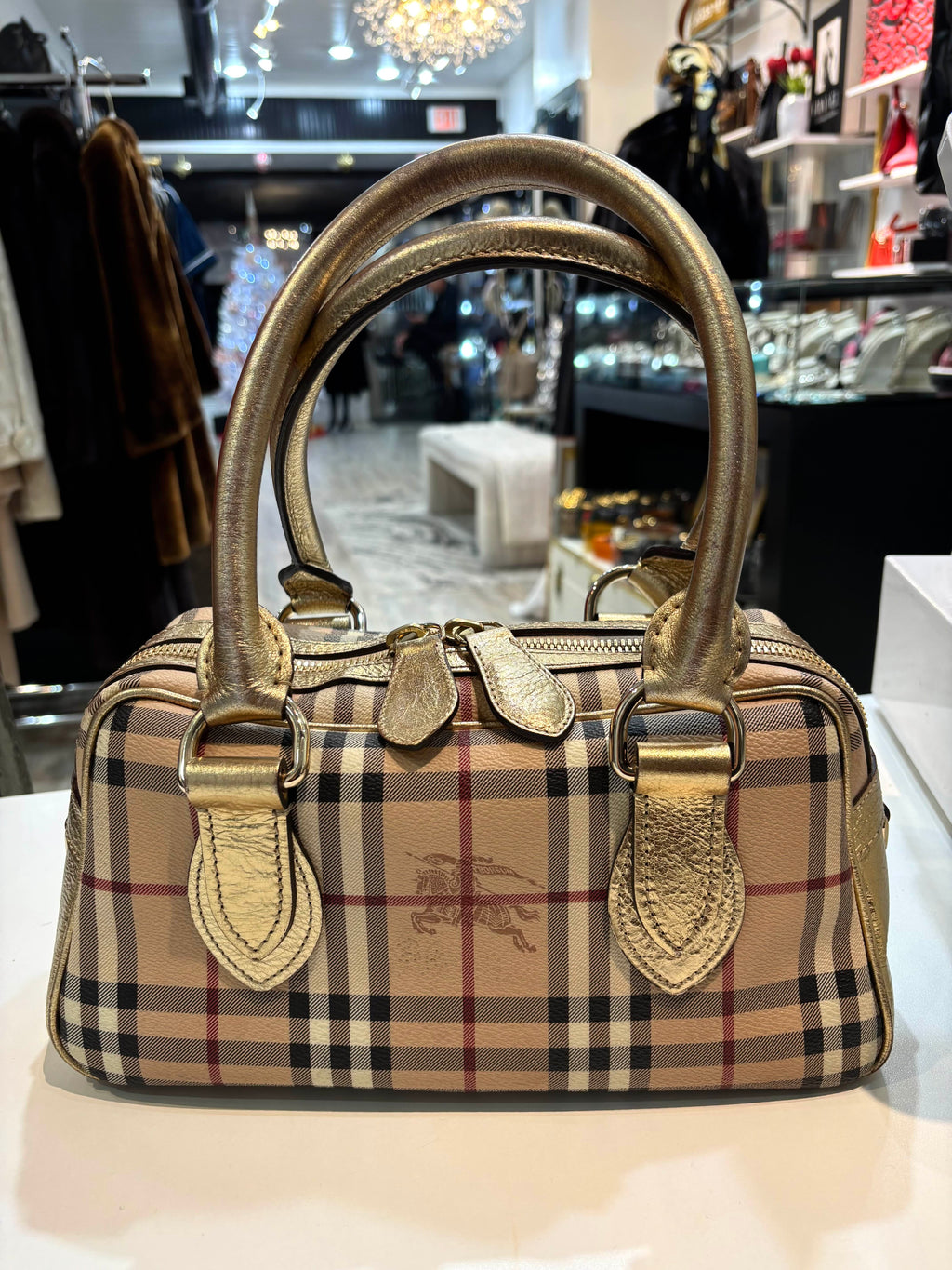 BURBERRY GOLD HAYMARKET CHECK PVC AND PATENT LEATHER BOWLER BAG