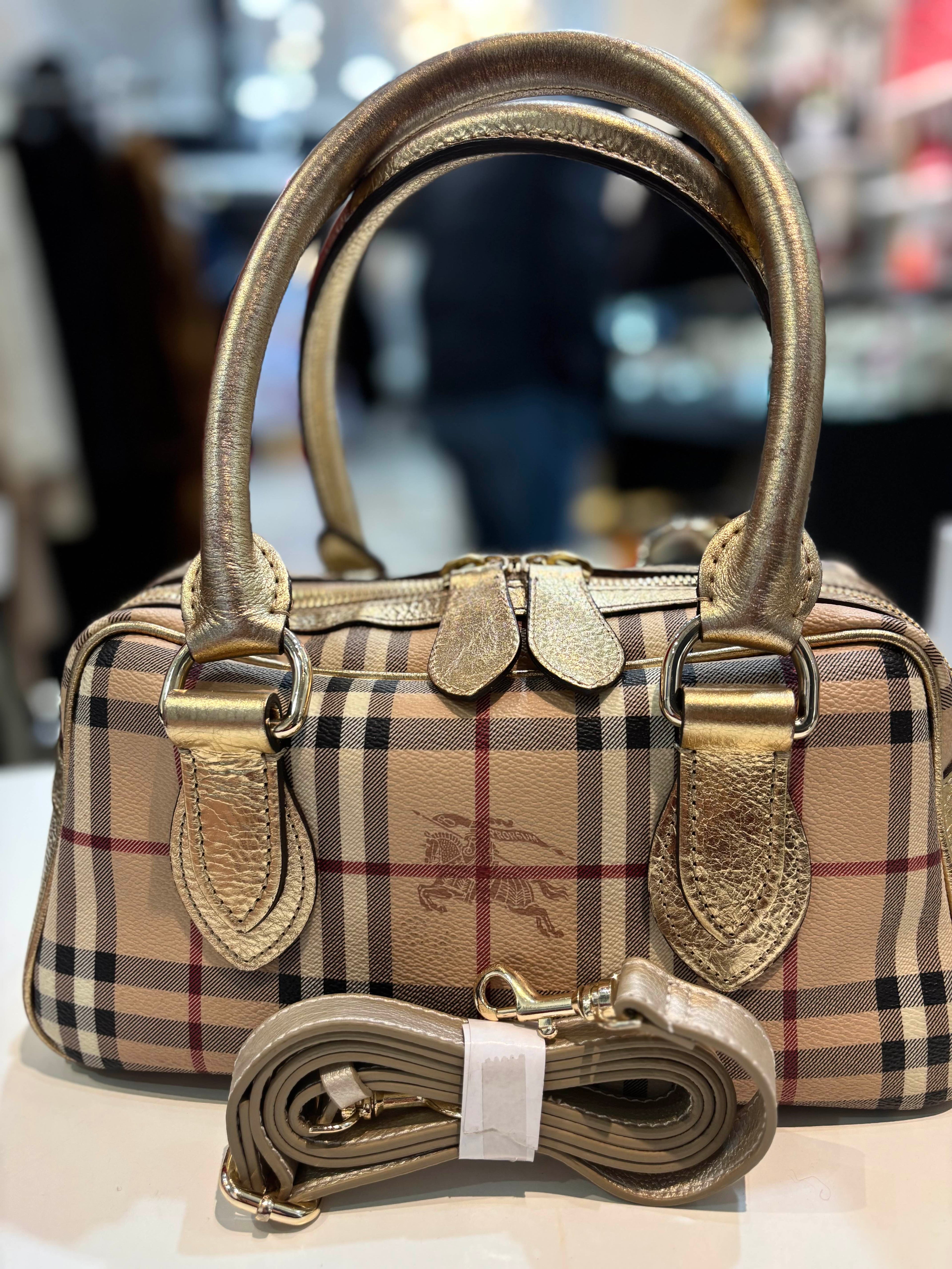 BURBERRY GOLD HAYMARKET CHECK PVC AND PATENT LEATHER BOWLER BAG
