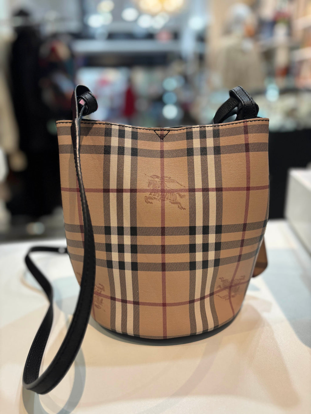 BURBERRY HAYMARKET CHECK BUCKET CROSSBODY BAG