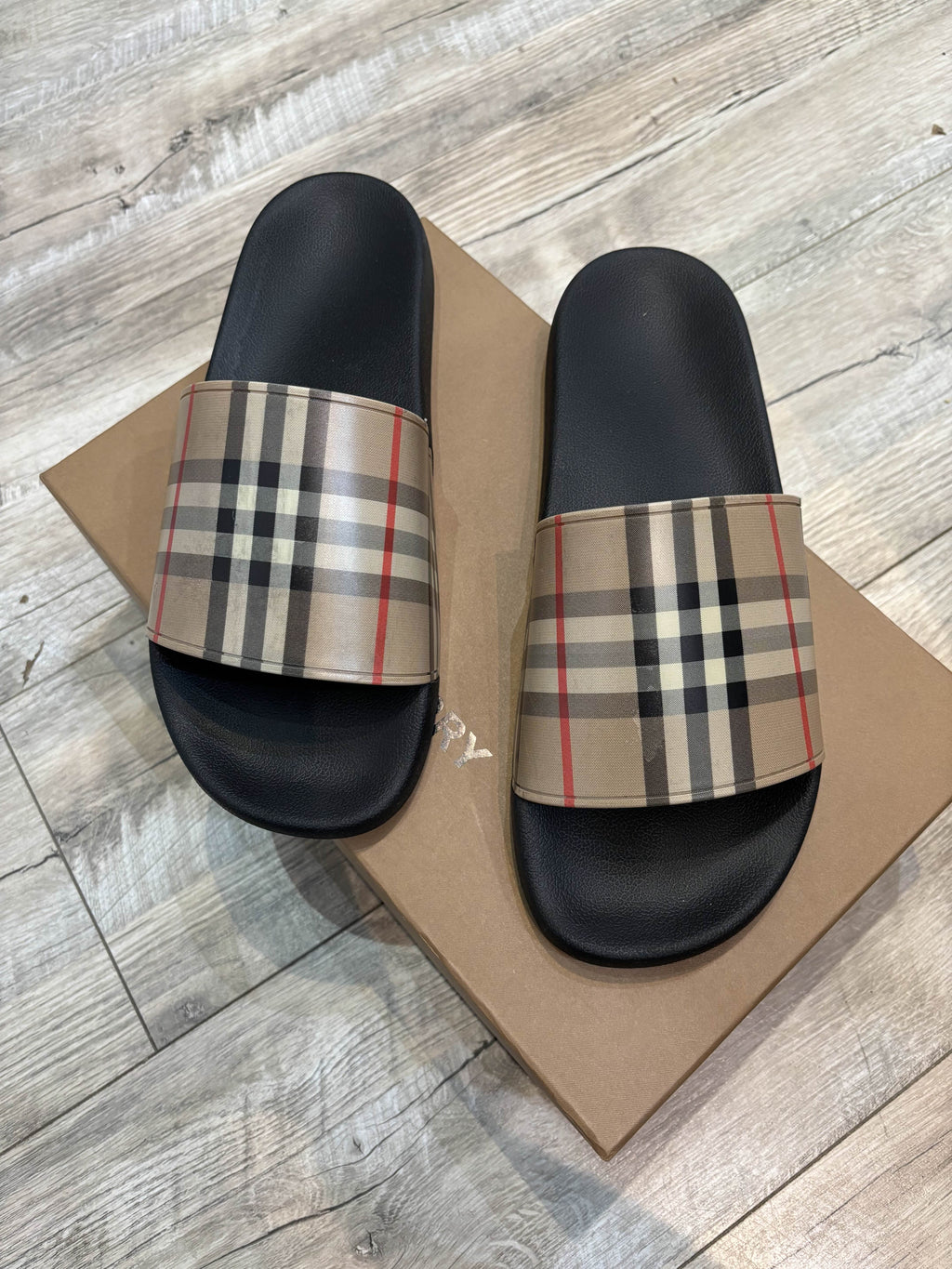 BURBERRY MEN'S CHECK SLIDES