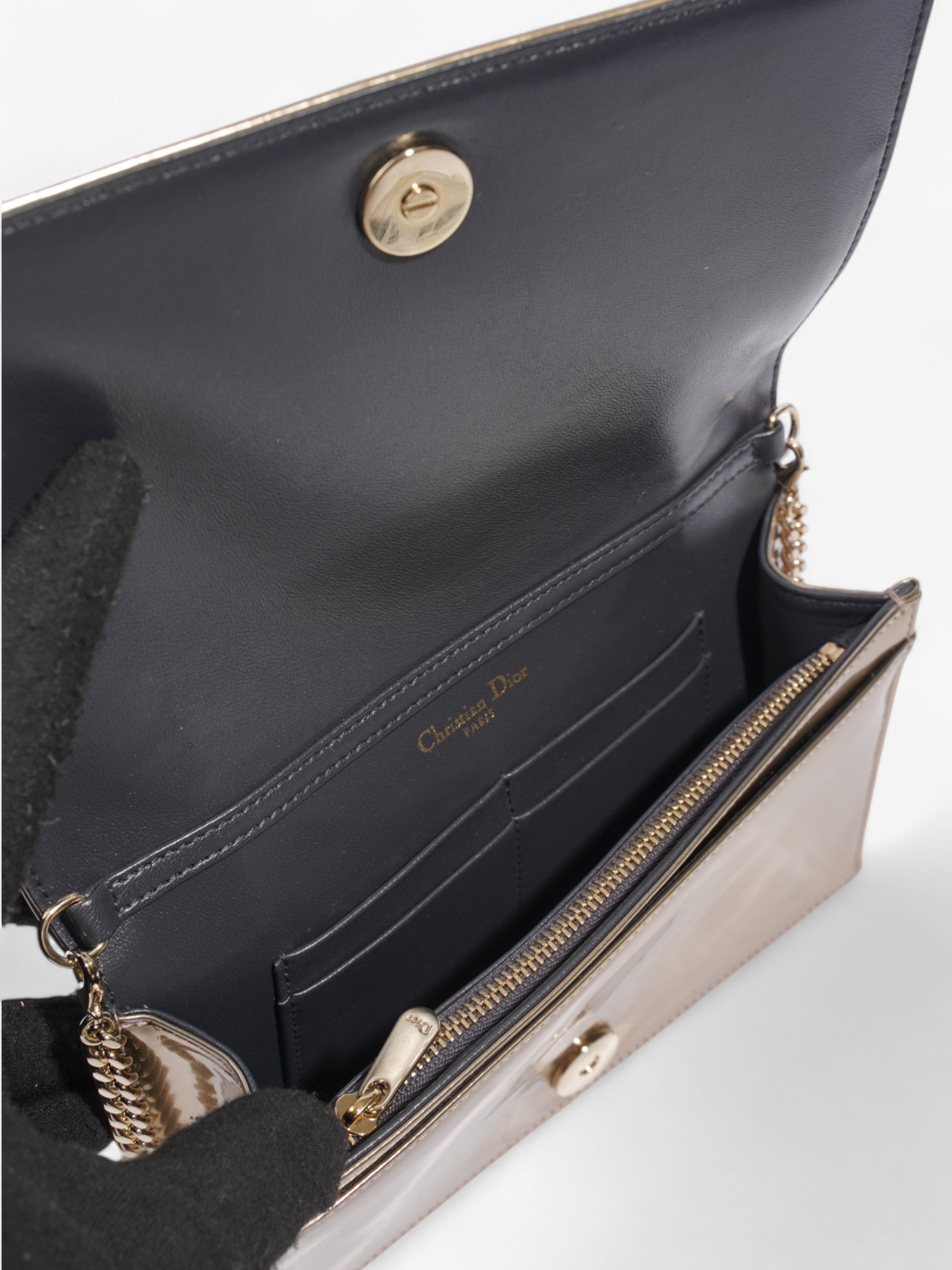 Christian Dior Diorama Wallet On Chain Metallic Gold Patent Leather