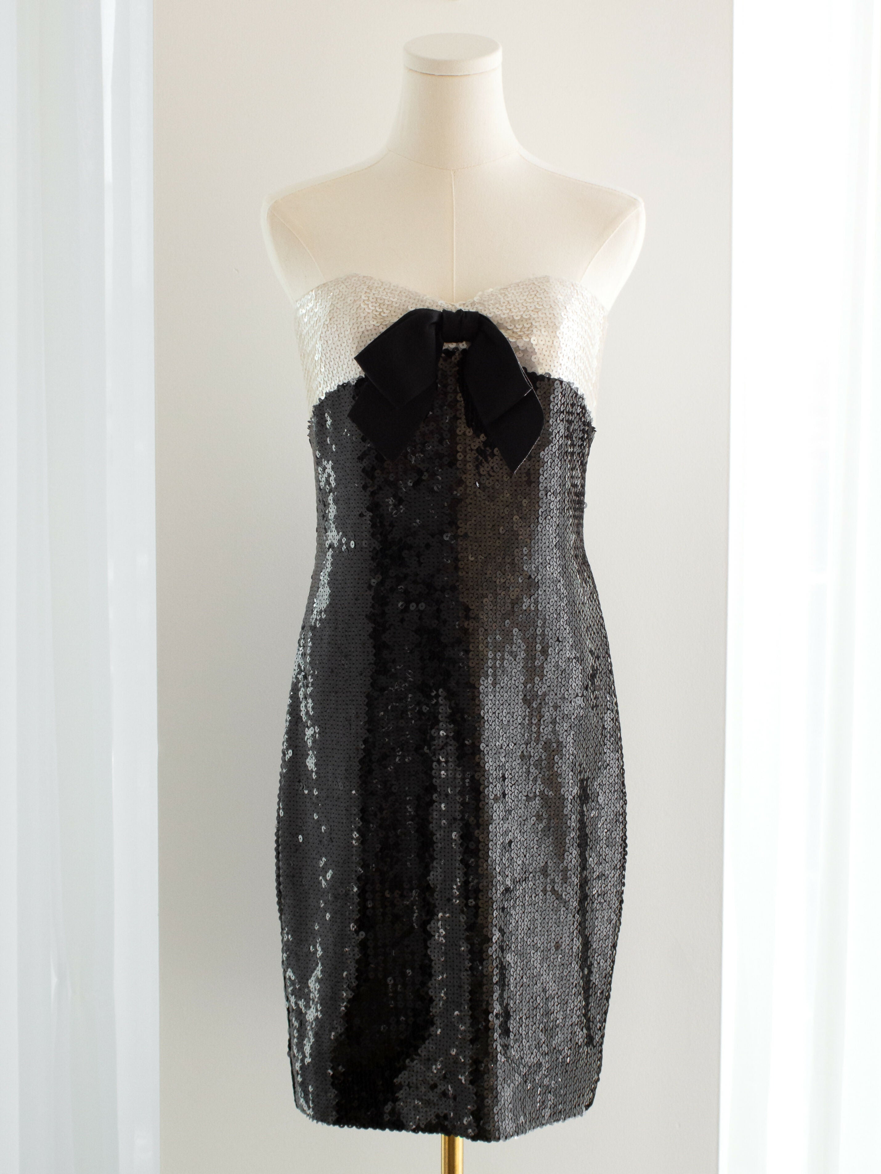 Chanel Vintage S/S 1987 White Black Sequin Embellished Bow Bustier Mini Dress