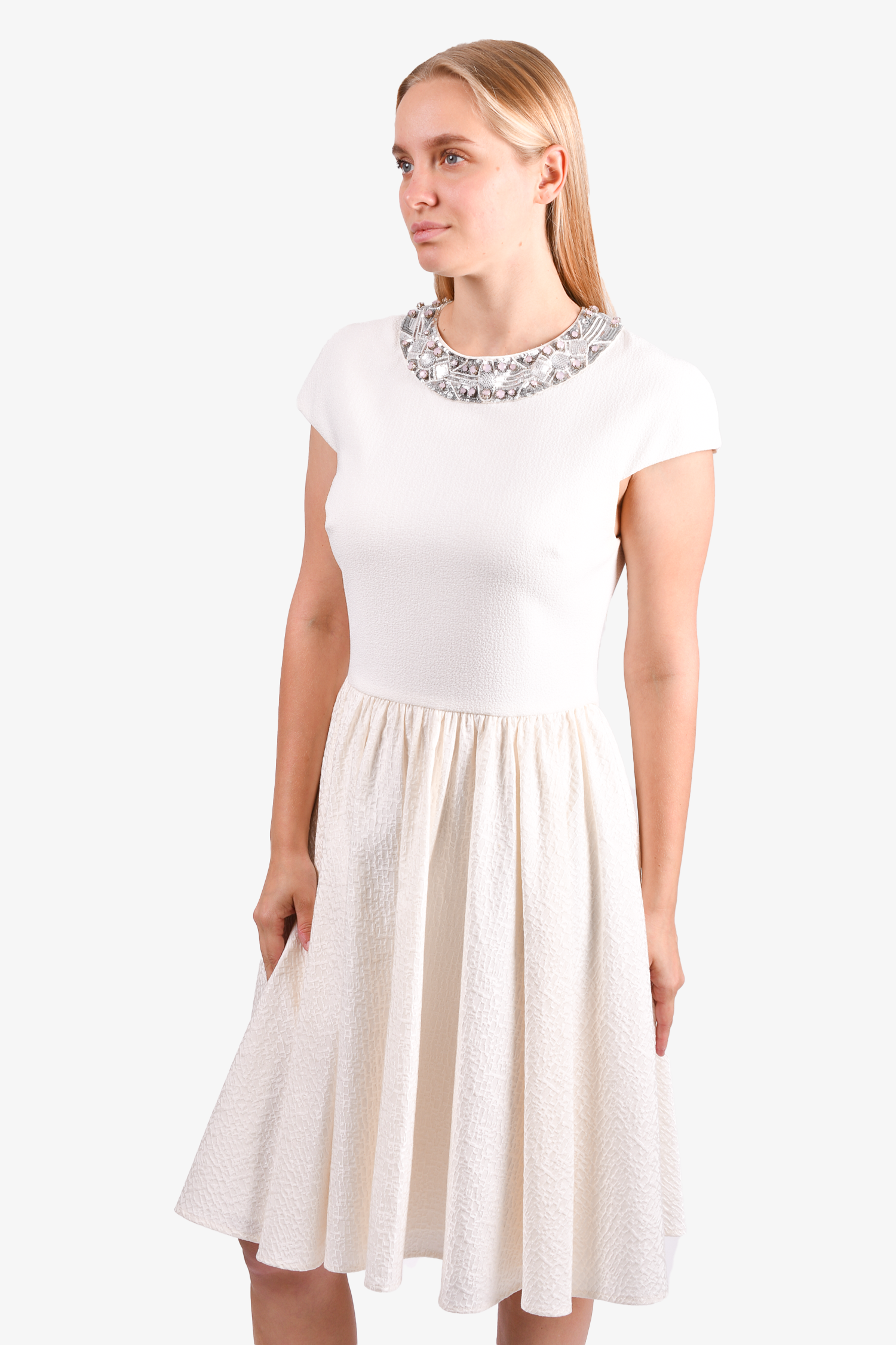 Badgley Mischka White Embellished Collared Dress Size 8