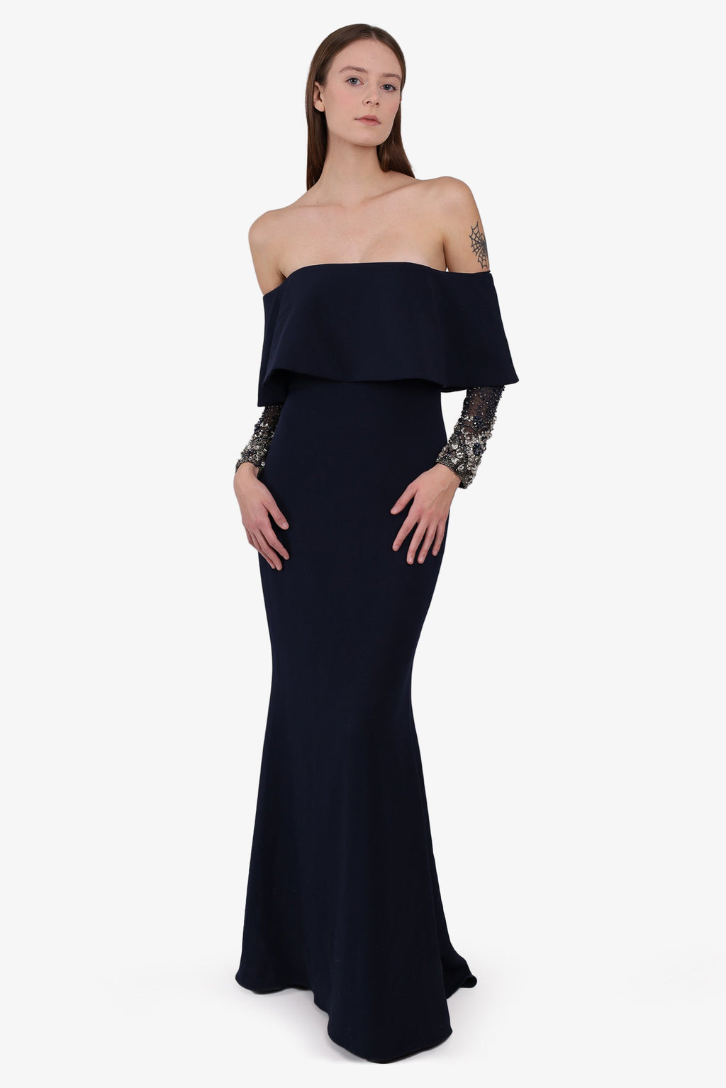 Badgley Mishka Navy Off Shoulder Beaded Gown Size 4