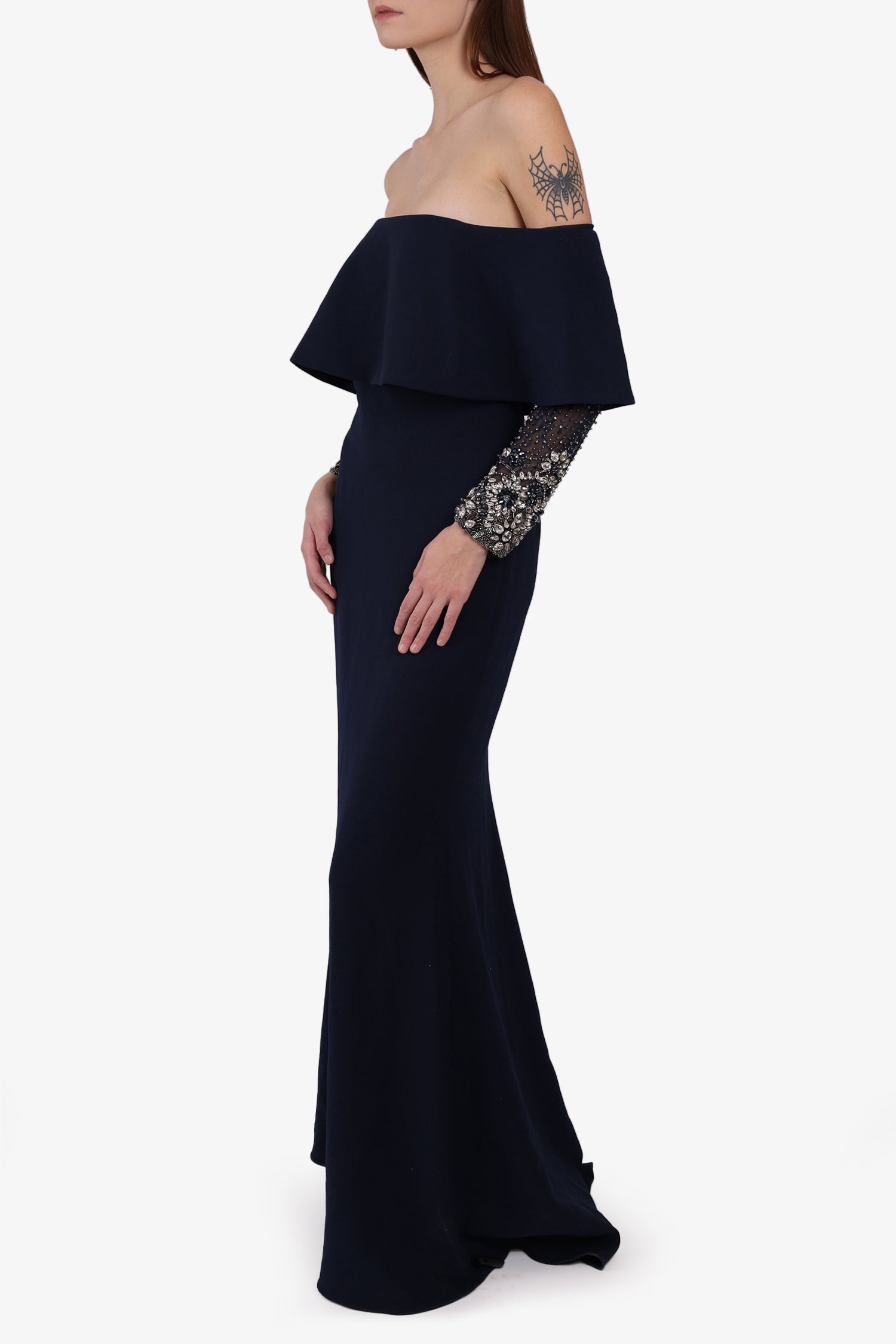 Badgley Mishka Navy Off Shoulder Beaded Gown Size 4