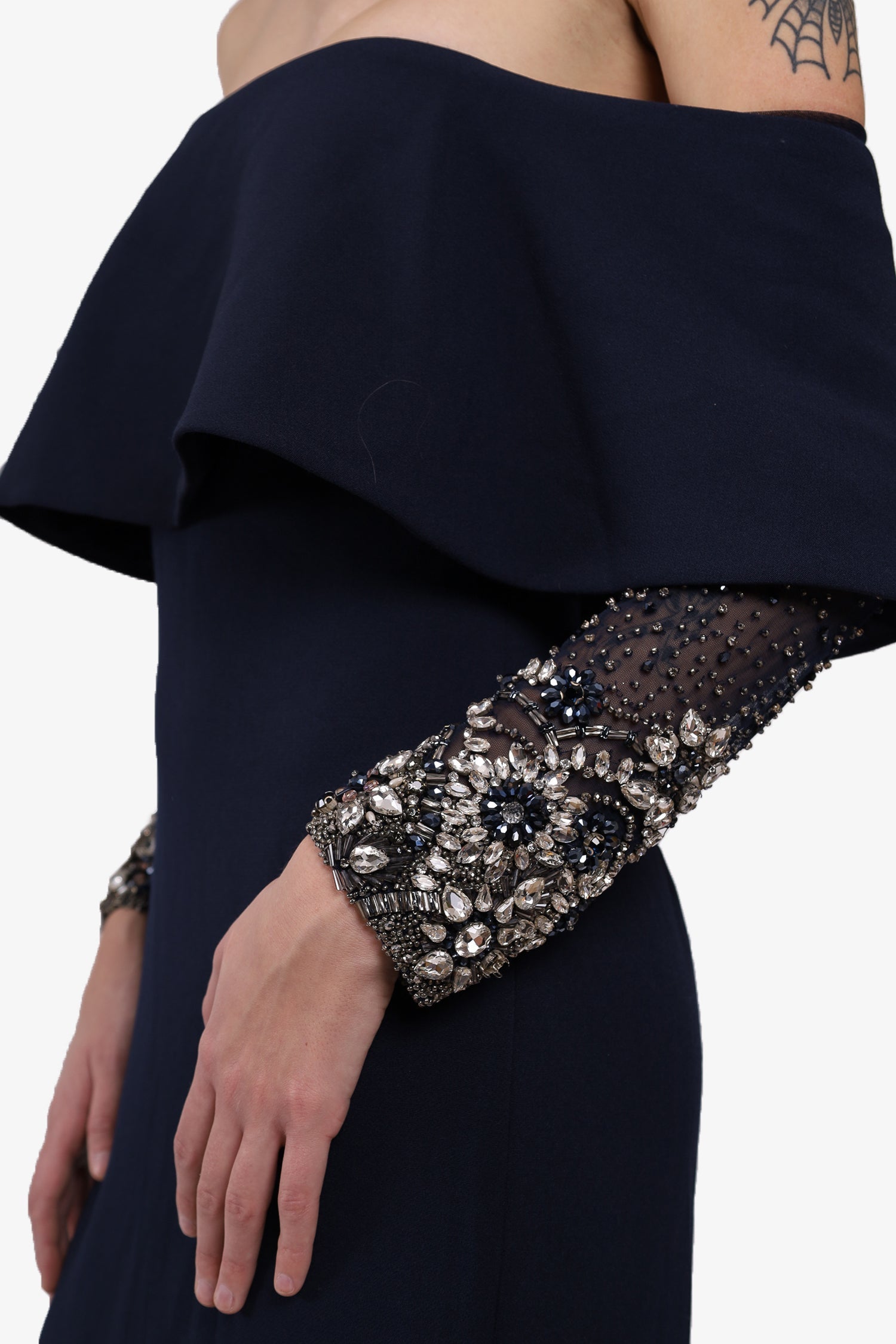 Badgley Mishka Navy Off Shoulder Beaded Gown Size 4