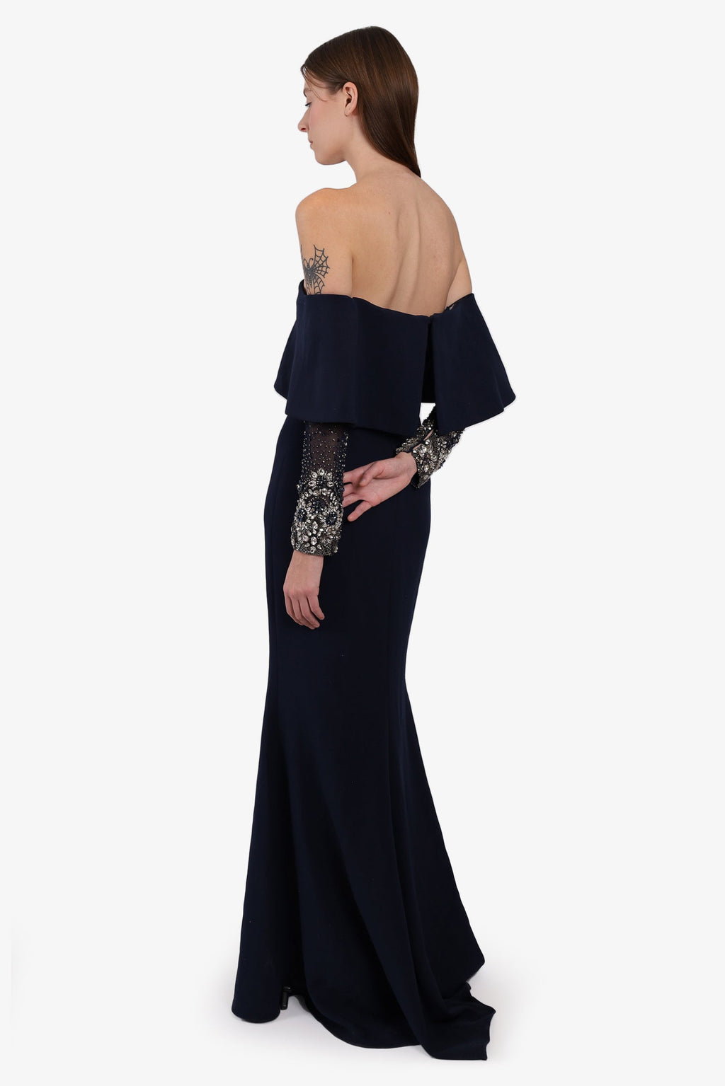 Badgley Mishka Navy Off Shoulder Beaded Gown Size 4