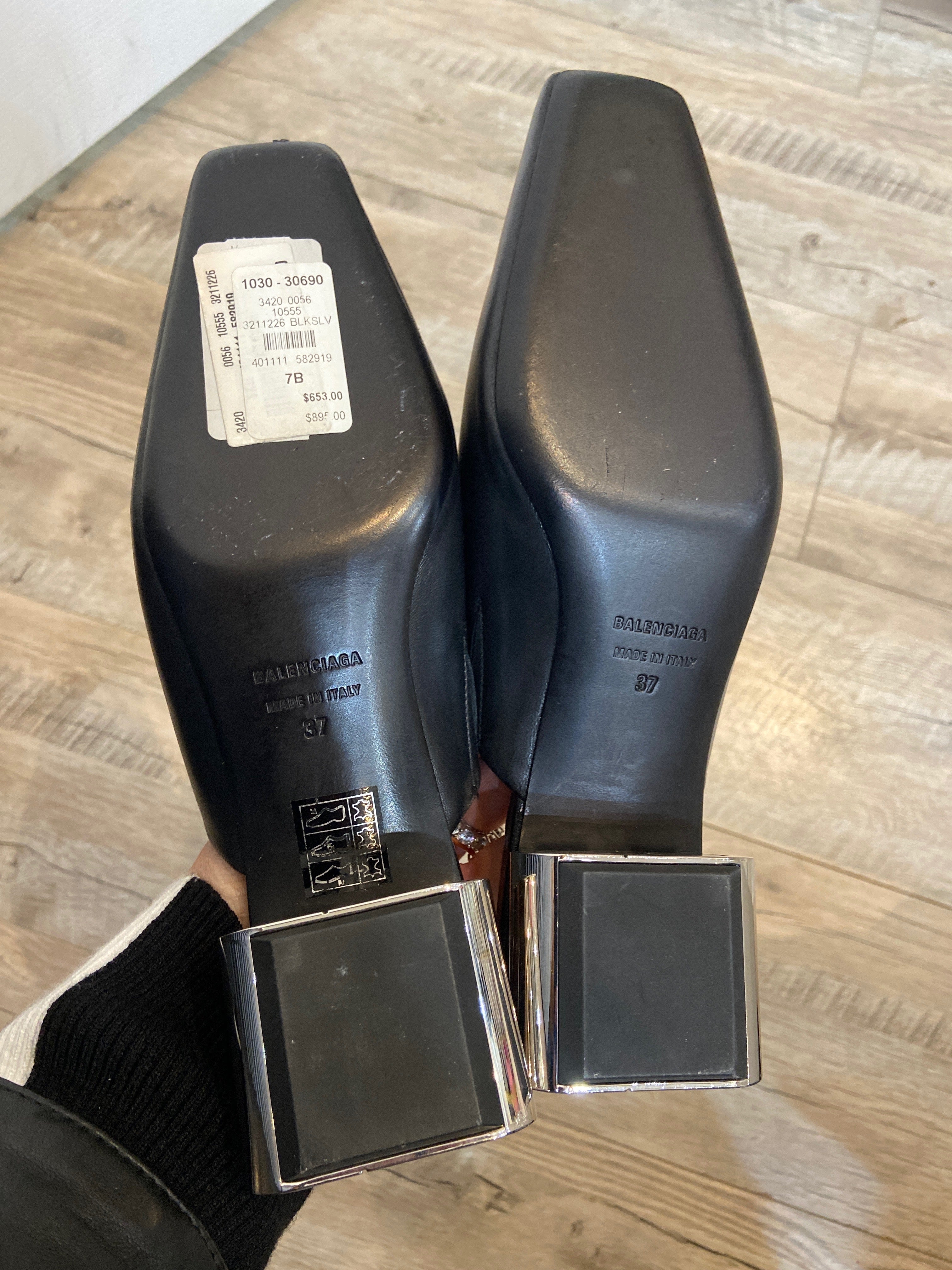 BALENCIAGA TYPO CHROME HEEL LEATHER MULES