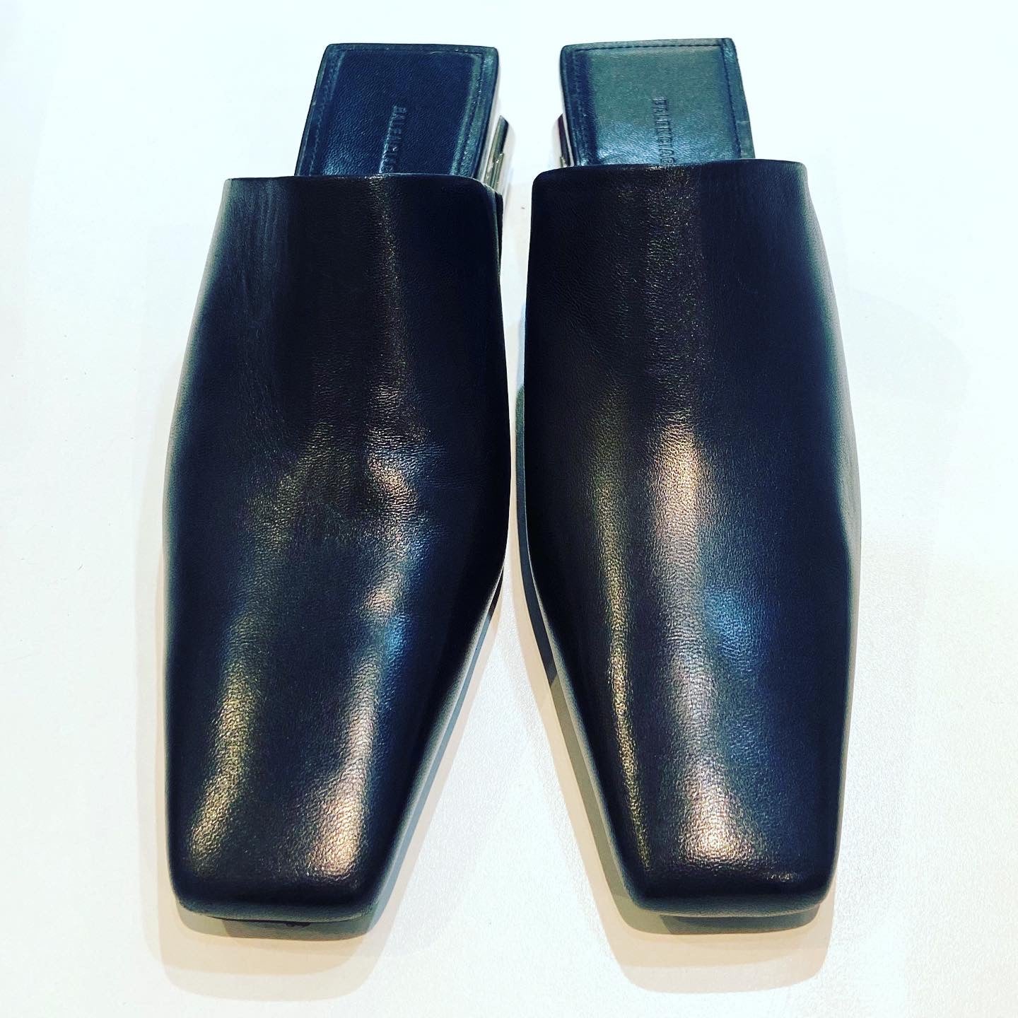 BALENCIAGA TYPO CHROME HEEL LEATHER MULES