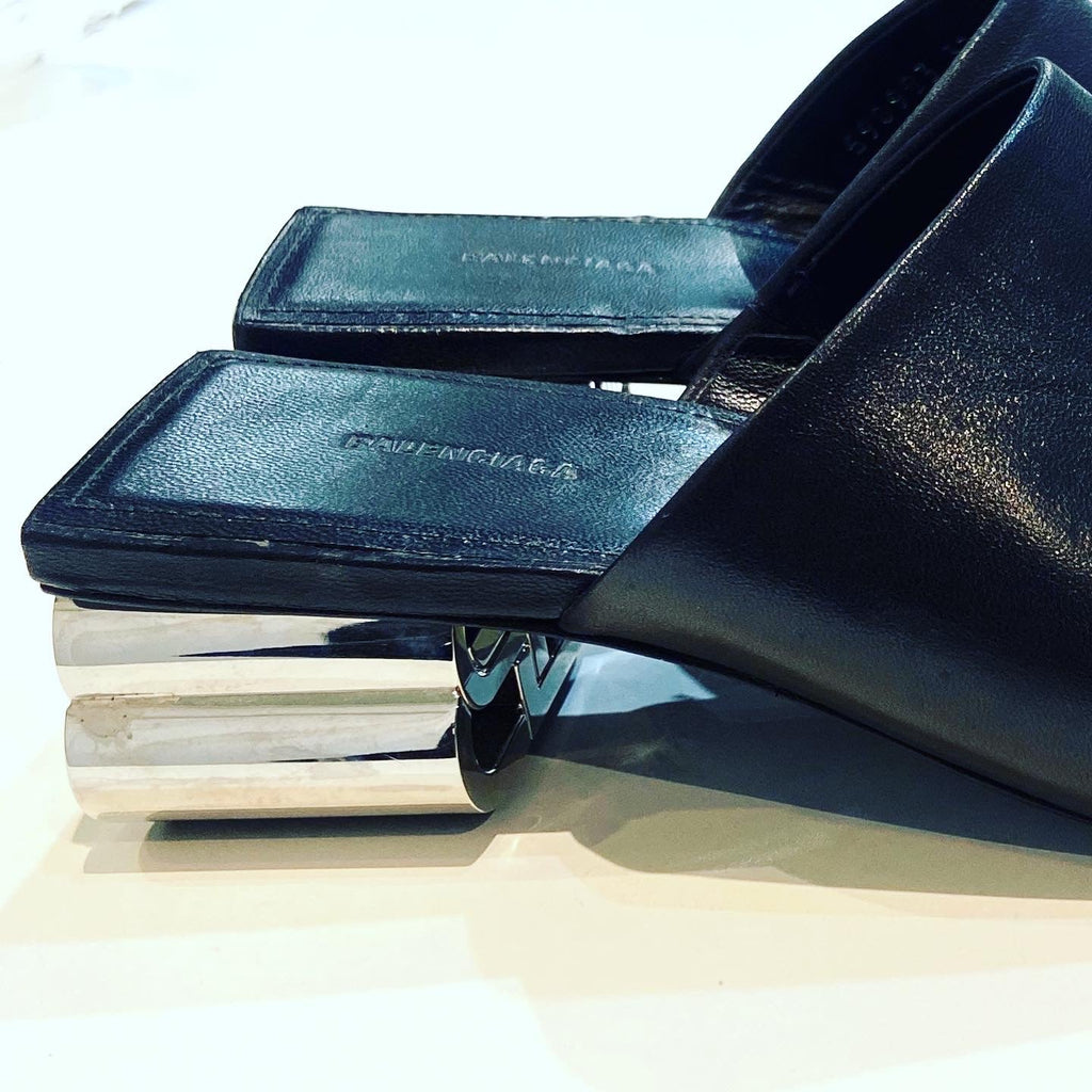 BALENCIAGA TYPO CHROME HEEL LEATHER MULES