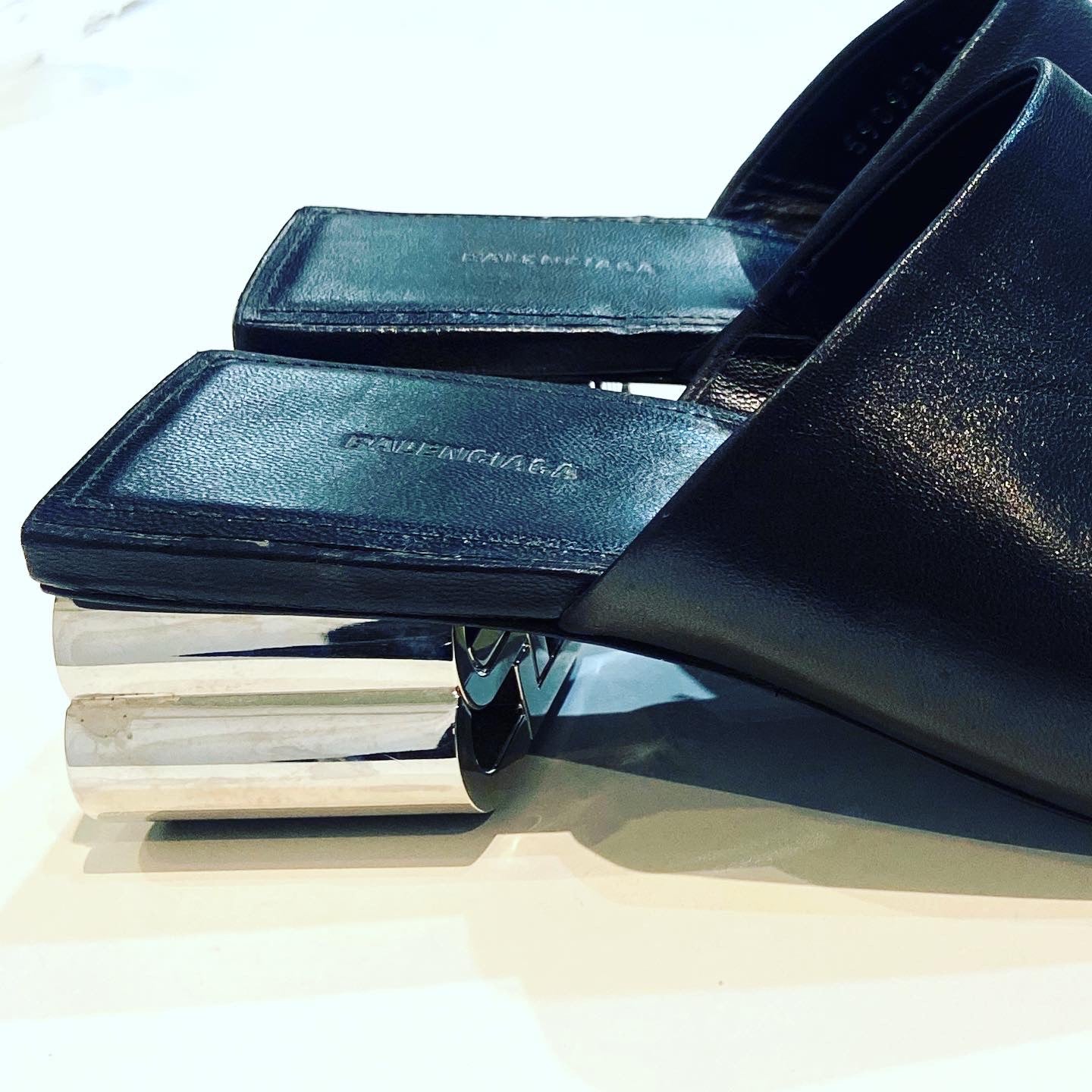 BALENCIAGA TYPO CHROME HEEL LEATHER MULES
