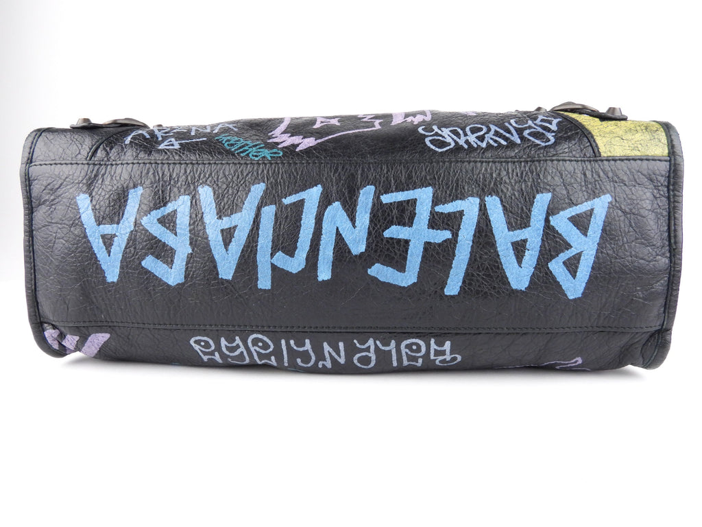 Balenciaga Black Graffiti Print Leather Moto Classic Two Way City Bag