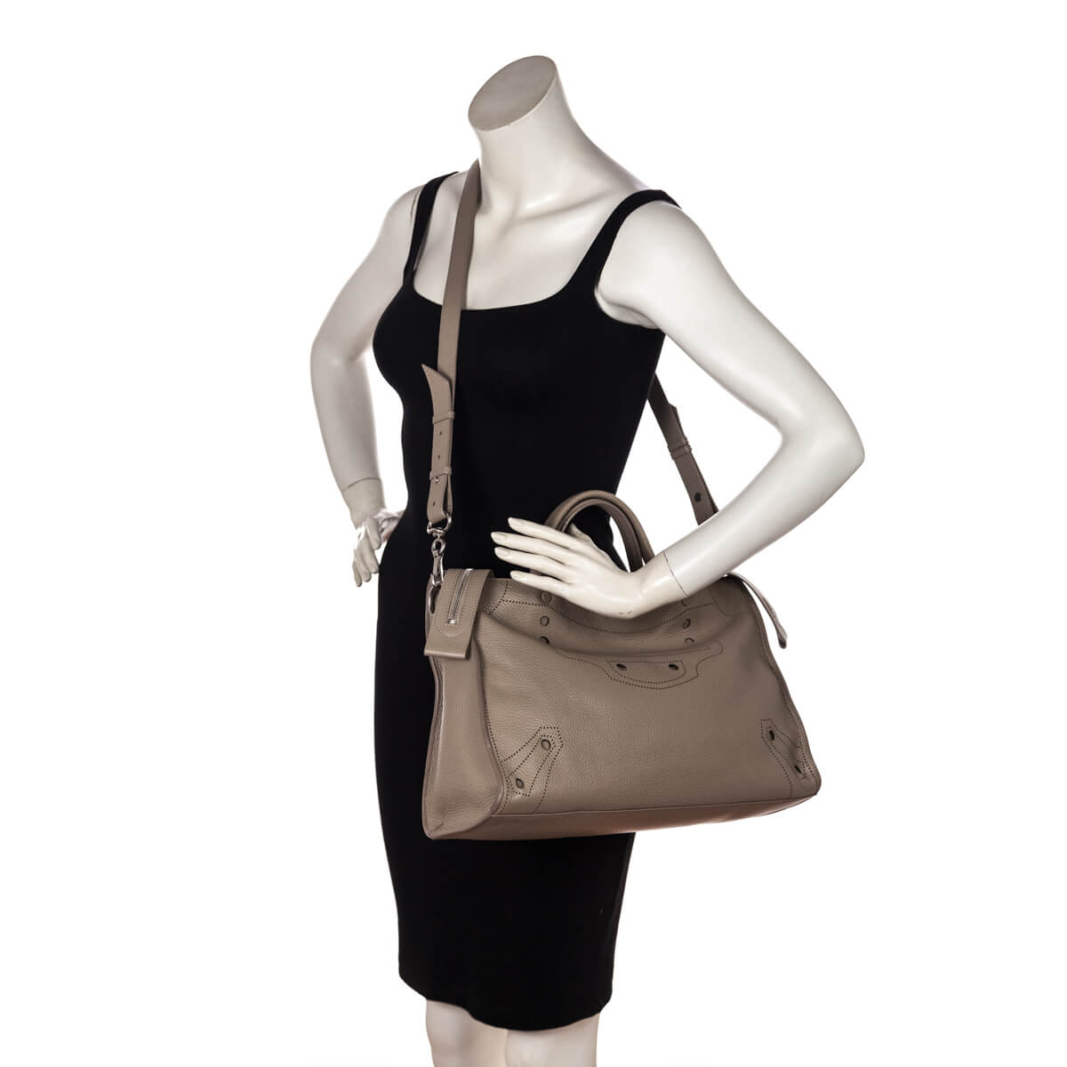 Balenciaga Greige Calfskin Blackout Hardware Perforated City Bag