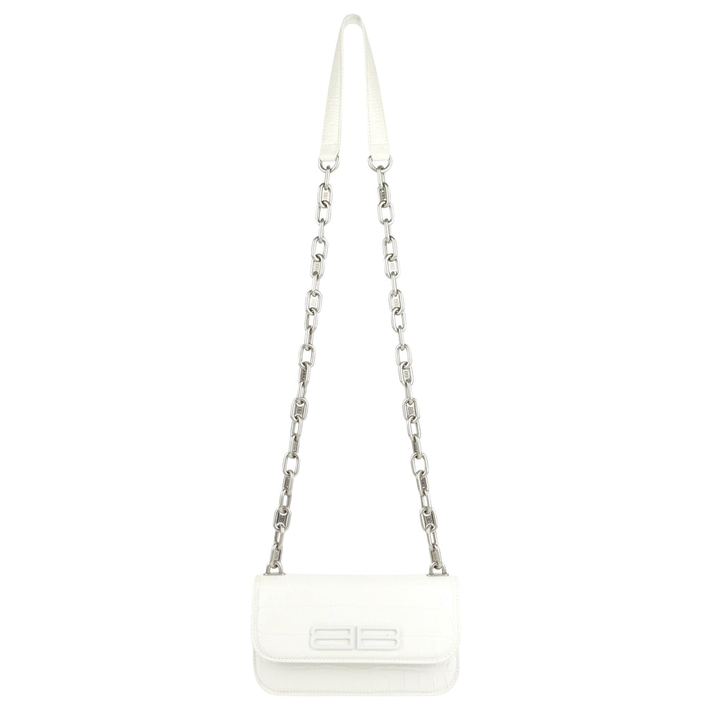 Balenciaga White Croc Embossed Leather XS Gossip Chain Shoulder Bag