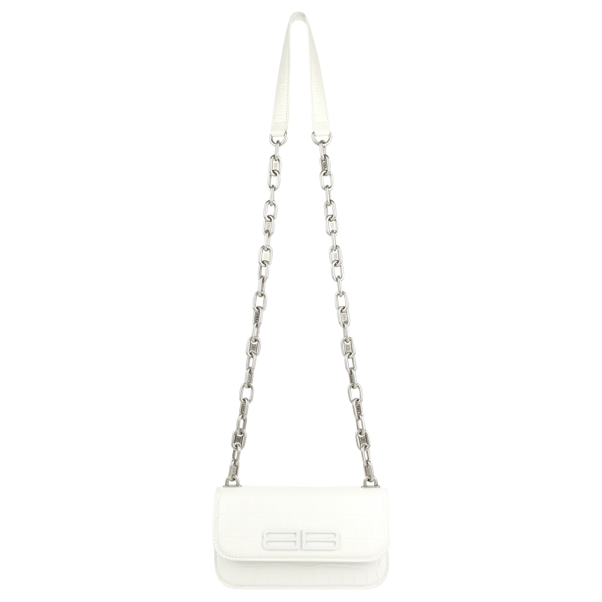 Balenciaga White Croc Embossed Leather XS Gossip Chain Shoulder Bag