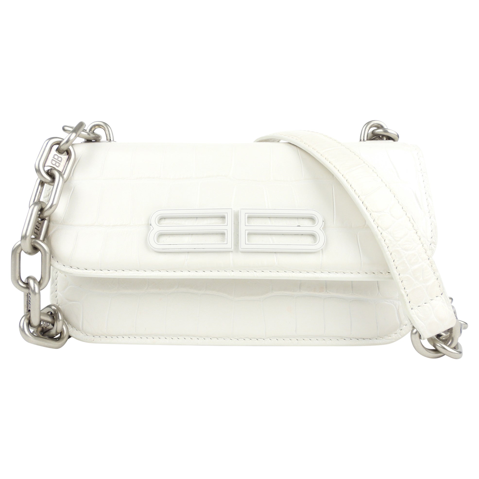 Balenciaga White Croc Embossed Leather XS Gossip Chain Shoulder Bag
