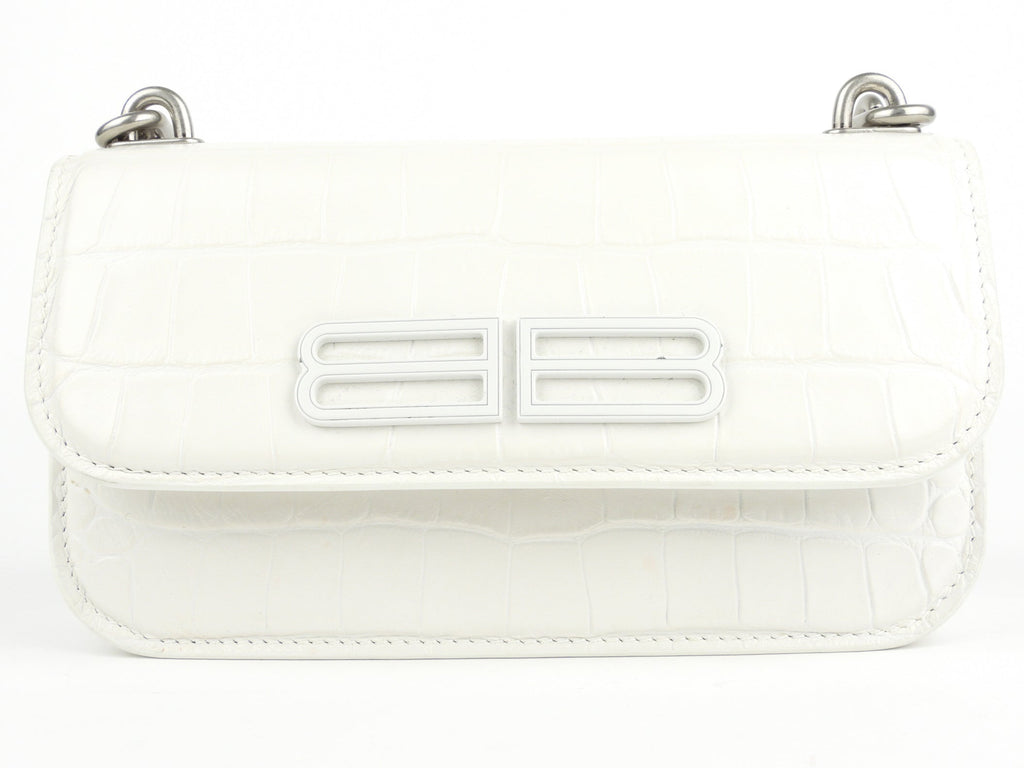 Balenciaga White Croc Embossed Leather XS Gossip Chain Shoulder Bag