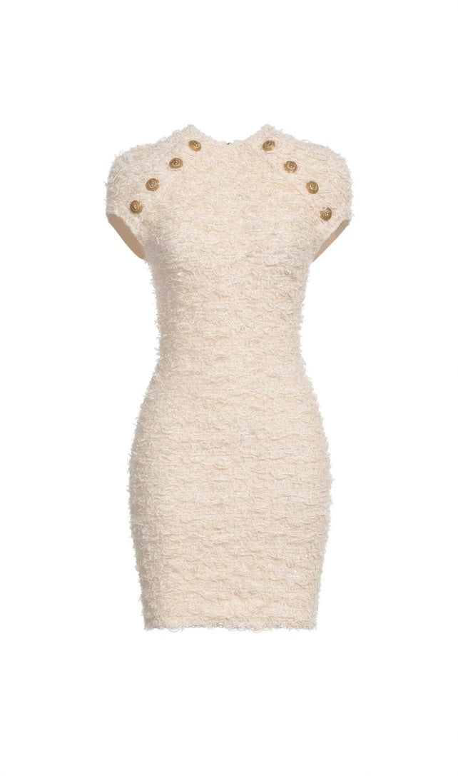 BALMAIN SEQUIN EMBELLISHED TWEED SLEEVELESS DRESS