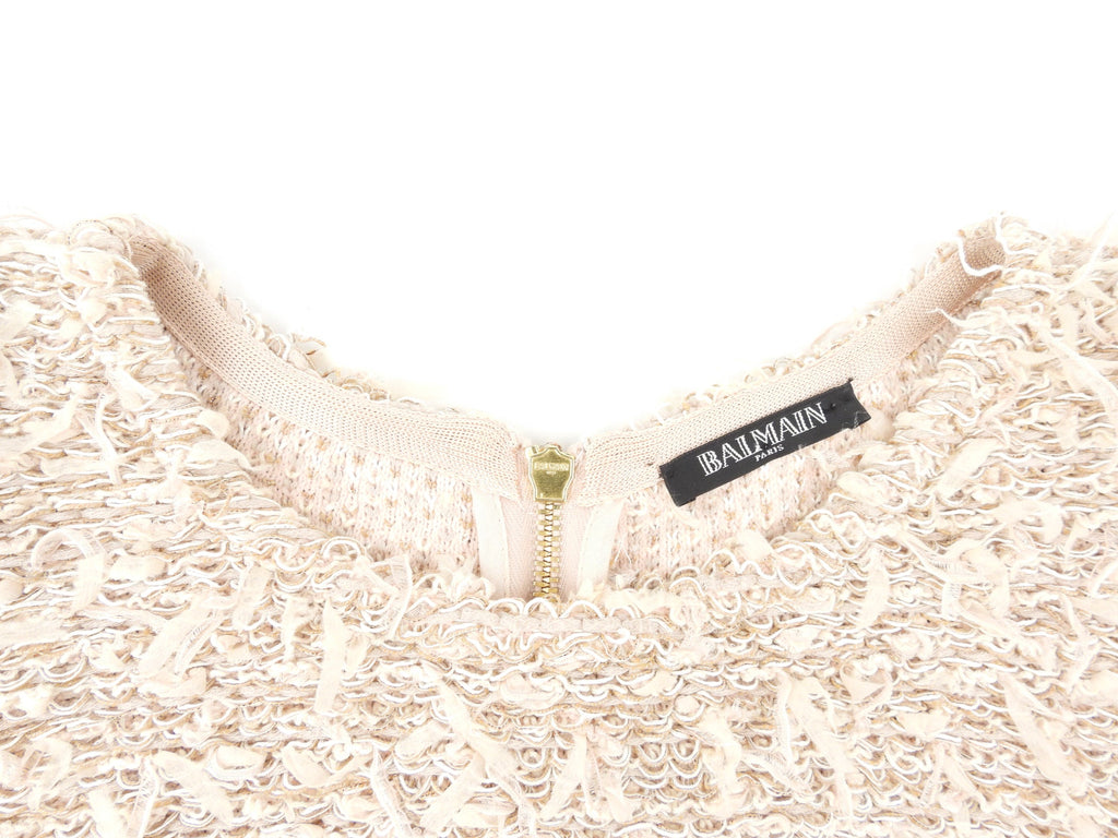 Balmain Beige Fringed Tweed Long Sleeve Bodycon Dress - 44 FR