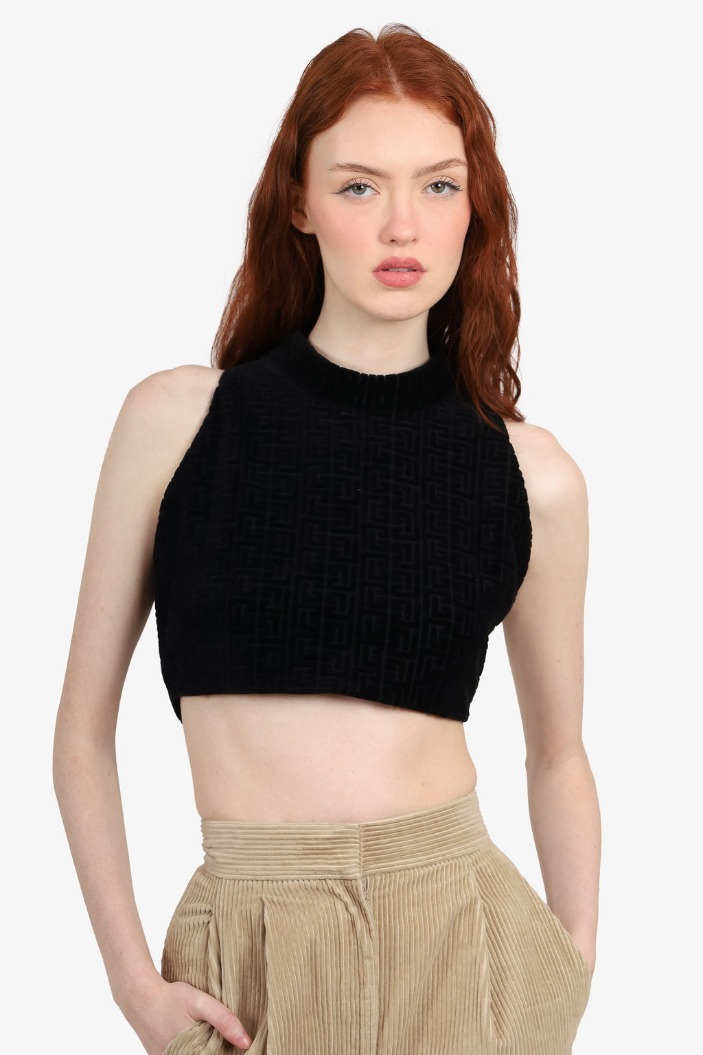 Balmain Black Velvet Monogram Sleeveless Crop Top Size 46
