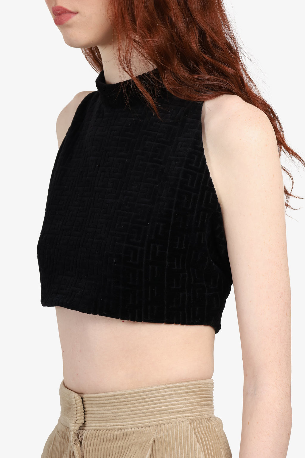 Balmain Black Velvet Monogram Sleeveless Crop Top Size 46