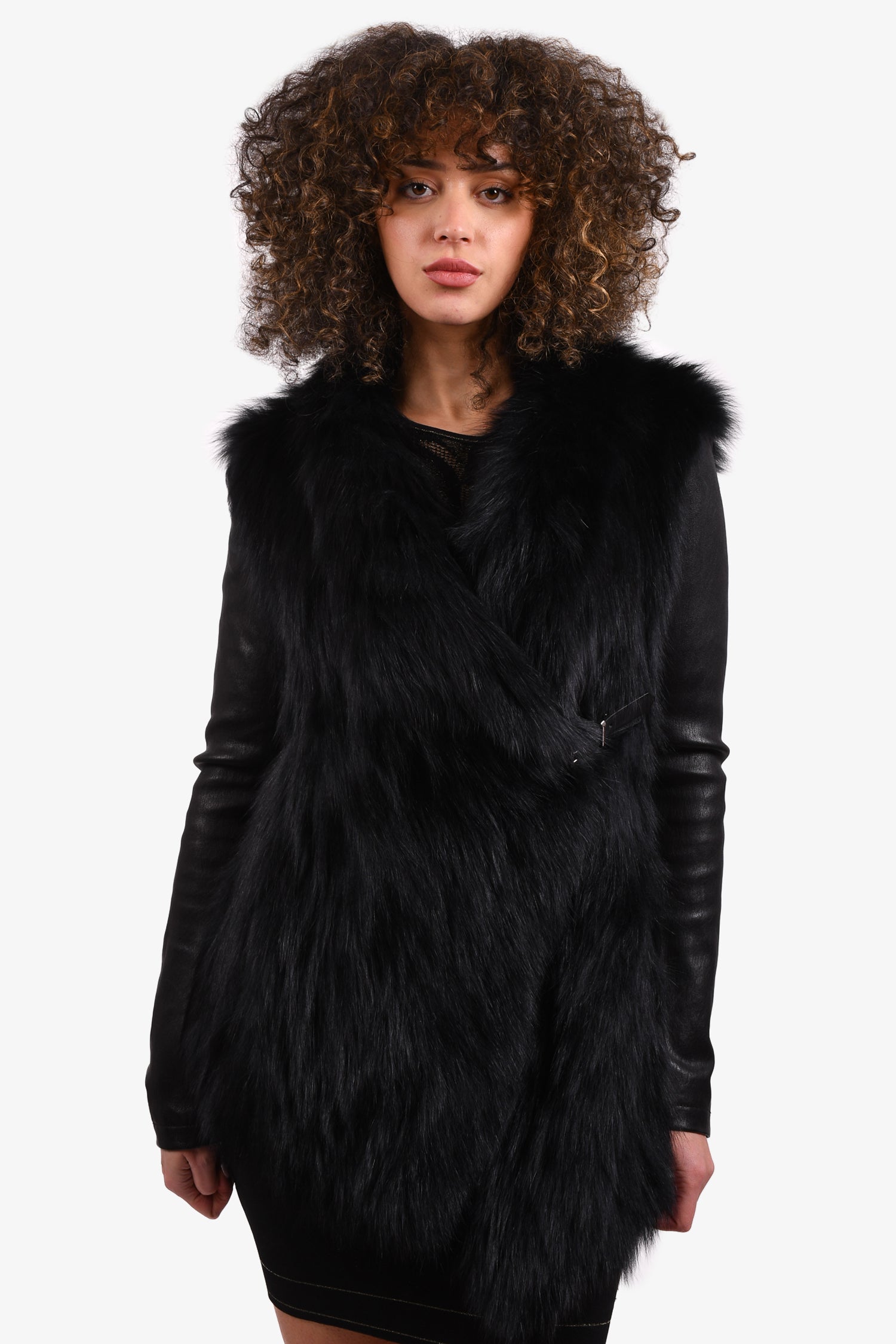 Barbara Bui Black Fox Fur Vest with Belt Detail Size 38