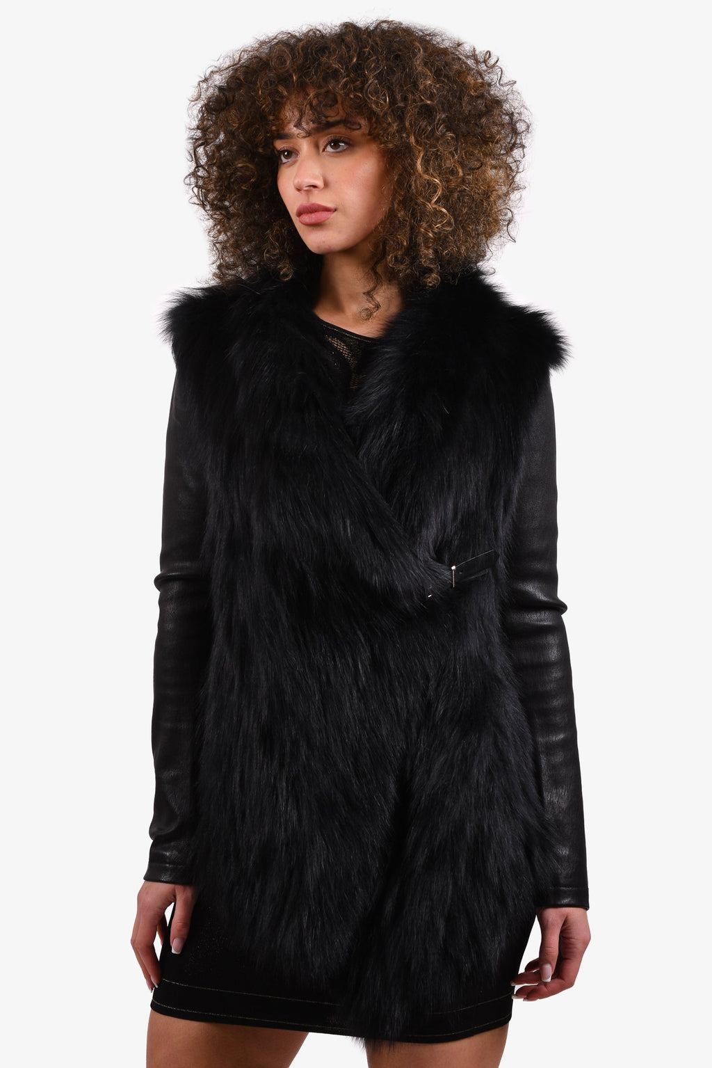 Barbara Bui Black Fox Fur Vest with Belt Detail Size 38