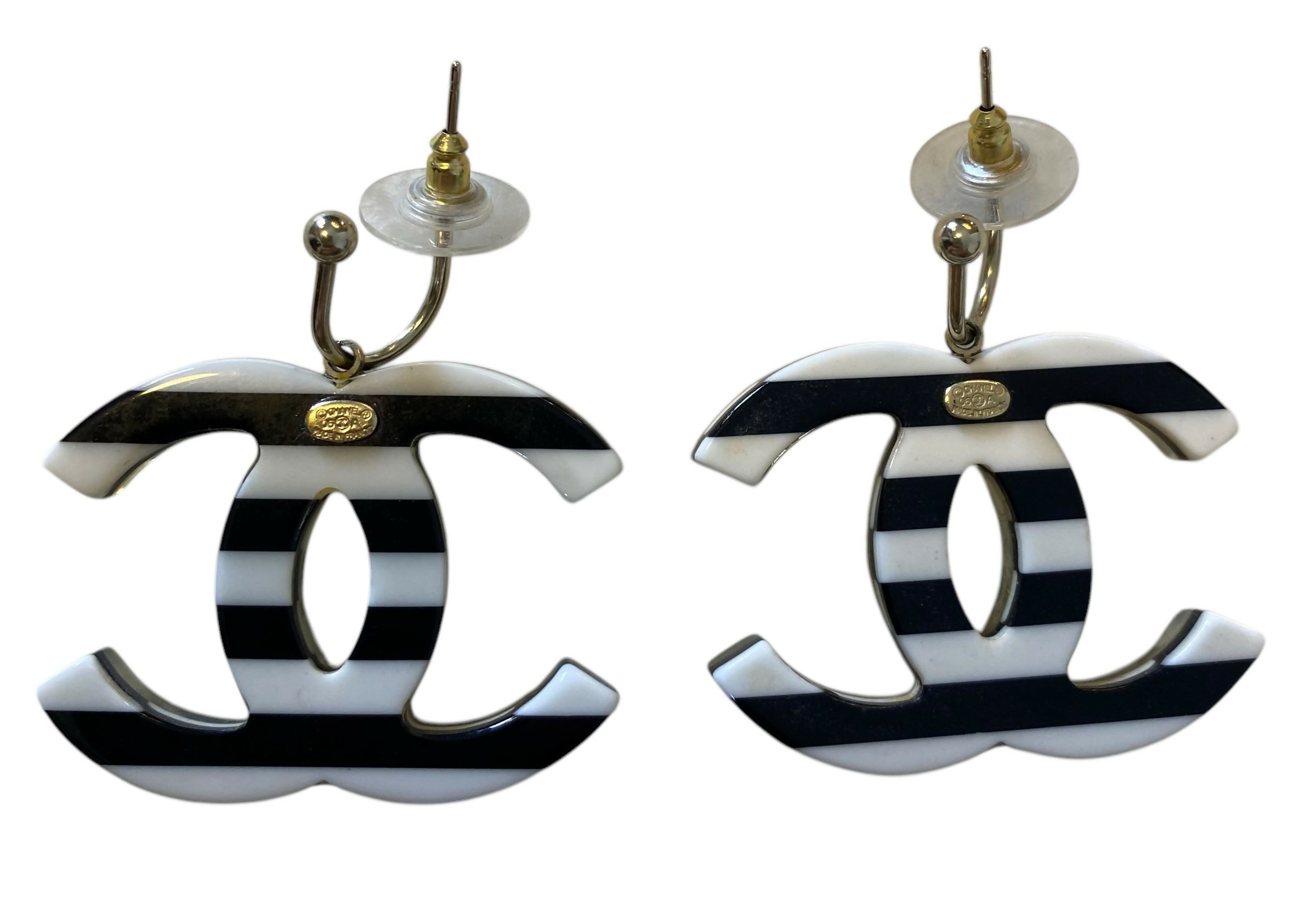 Rare Chanel 05A Oversized Large Black White Striped Resin Pearl Enamel CC Earrings