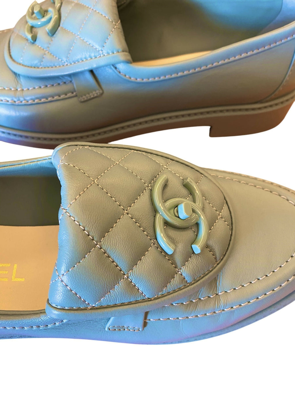 Chanel 23P Baby Blue Leather Quilted CC Turn Lock Loafers EU 41C