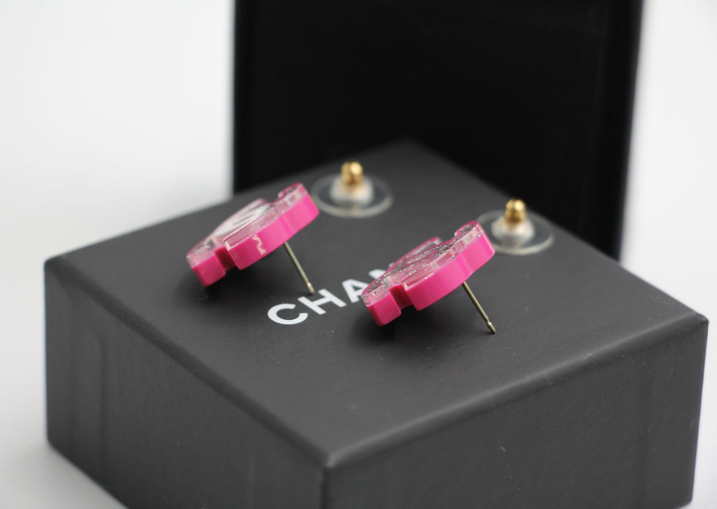 Chanel 2018 Resin Silver Glitter Pink Stud Earrings