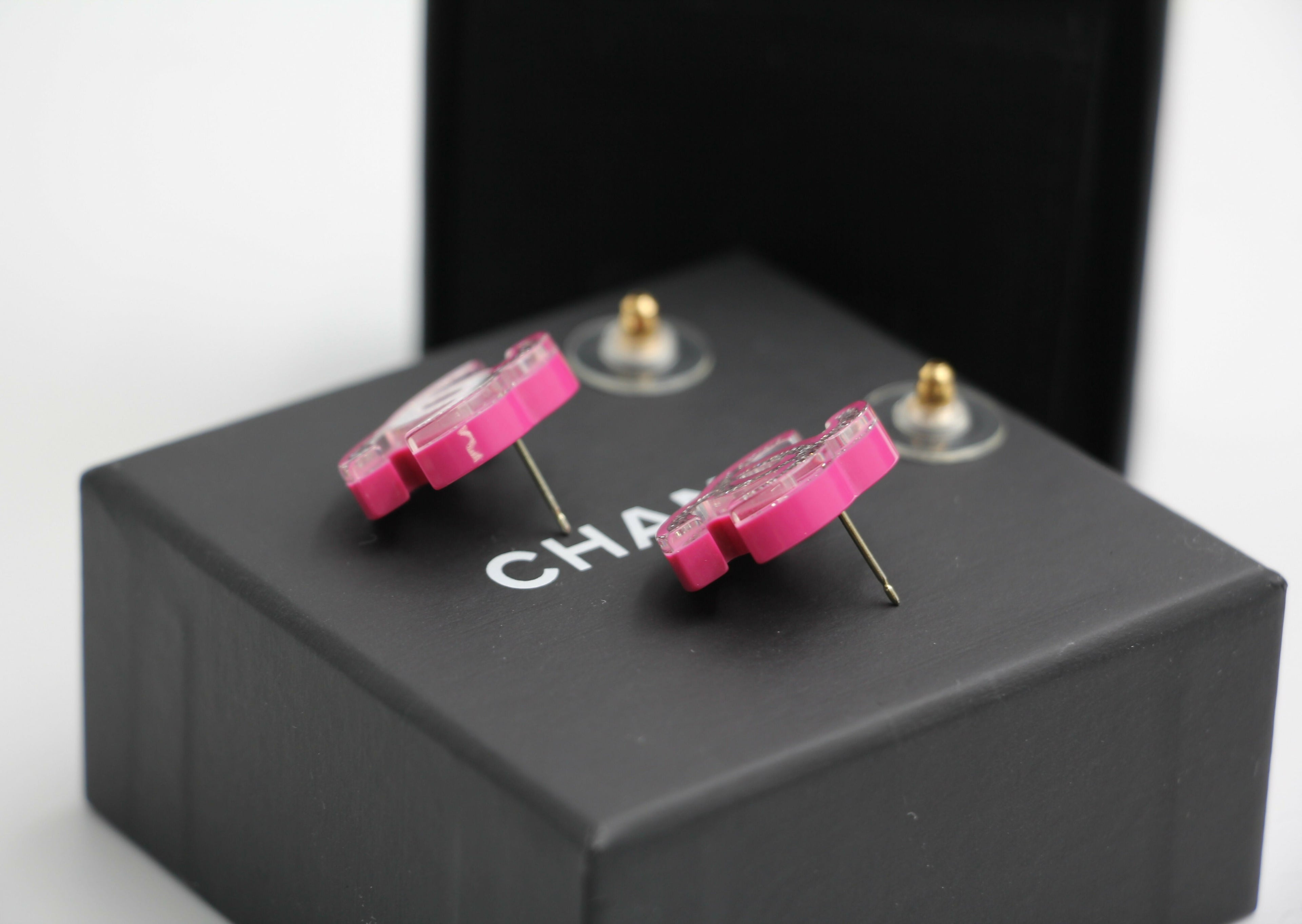 Chanel 2018 Resin Silver Glitter Pink Stud Earrings
