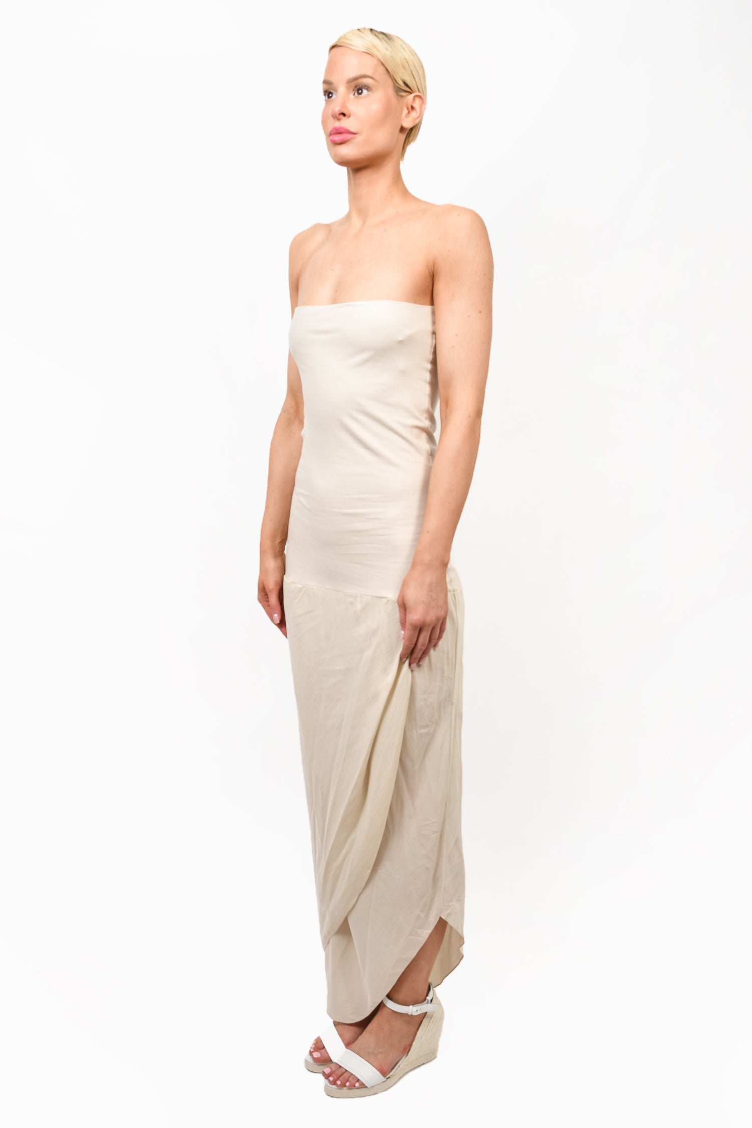 Brunello Cucinelli Beige Silk Sleeveless Tube Midi Dress Size XL