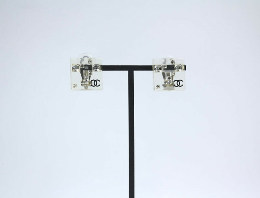 Chanel Vintage 05A Rhinestone Acrylic Transparent Square Earrings