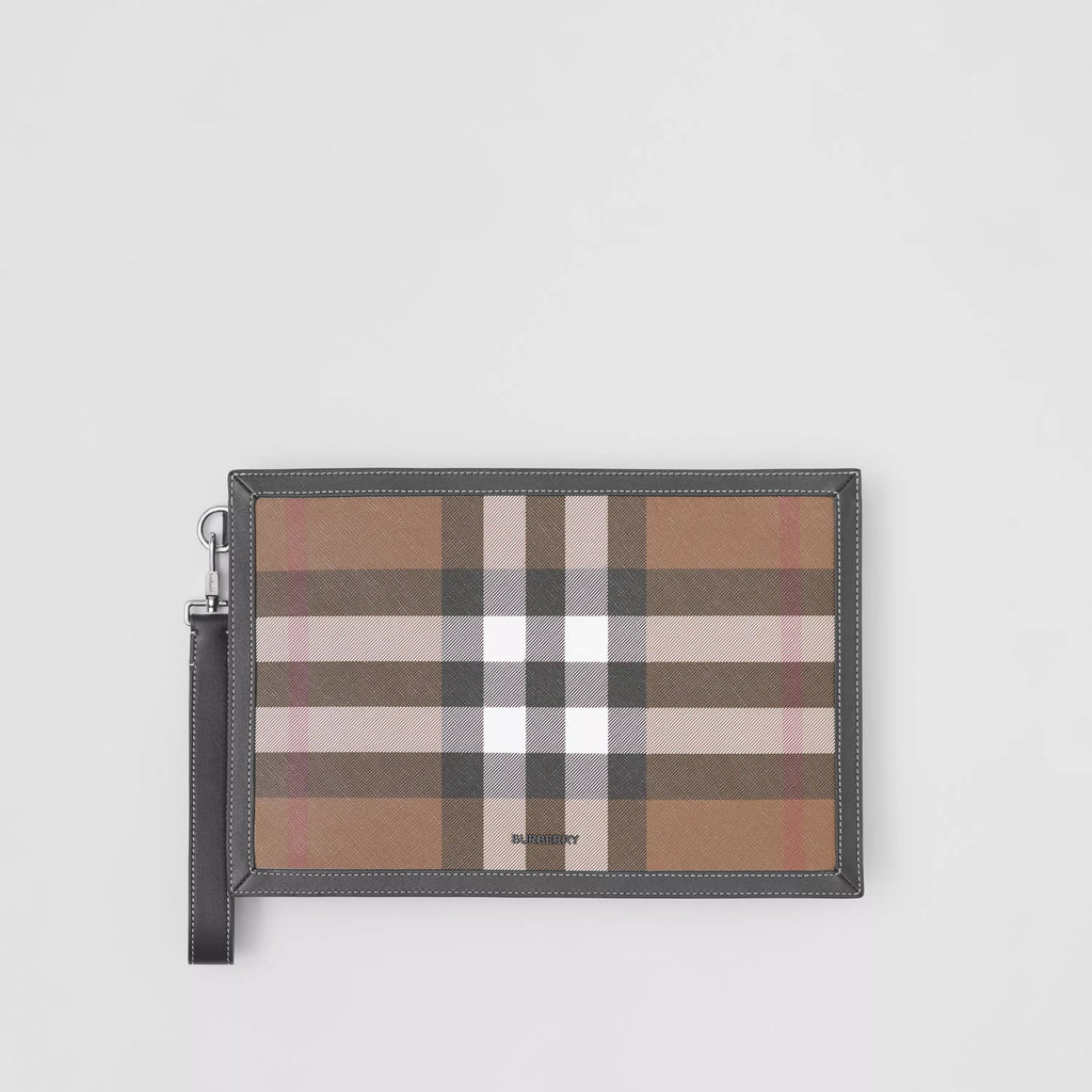 BURBERRY HOUSE CHECK & LEATHER ZIP POUCH CLUTCH