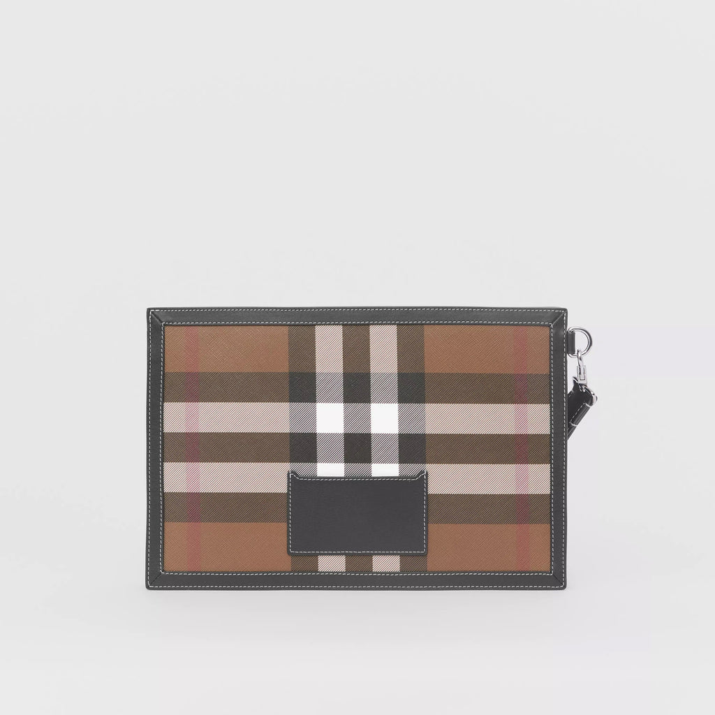 BURBERRY HOUSE CHECK & LEATHER ZIP POUCH CLUTCH