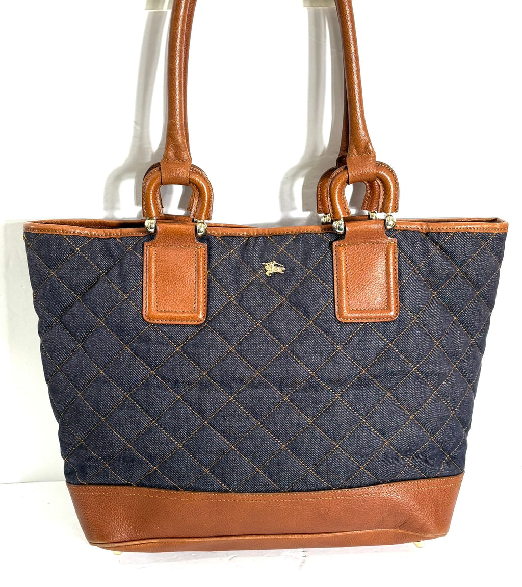 BURBERRY QUILTED DENIM & LEATHER GRANGE TOTE BAG