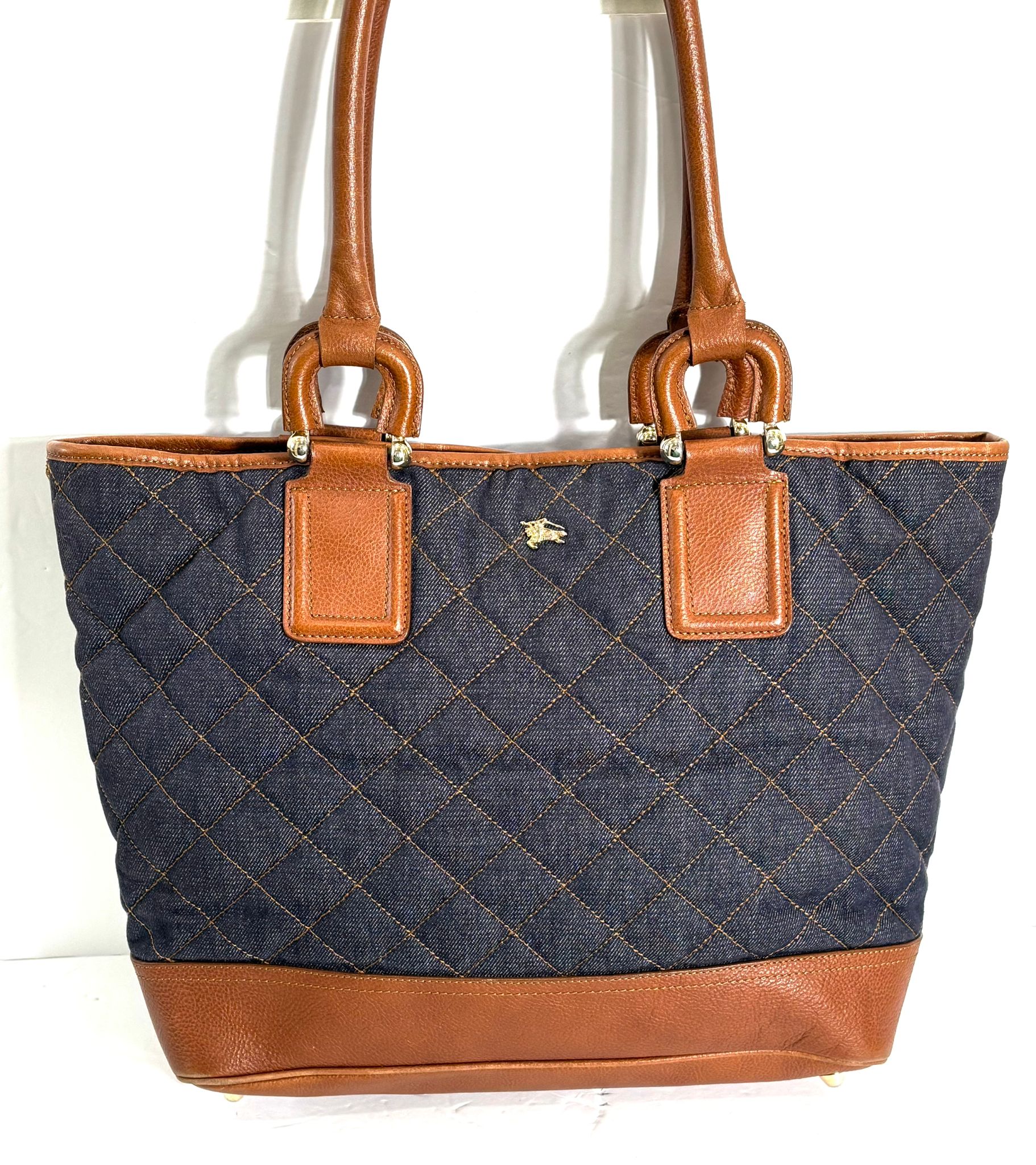 BURBERRY QUILTED DENIM & LEATHER GRANGE TOTE BAG