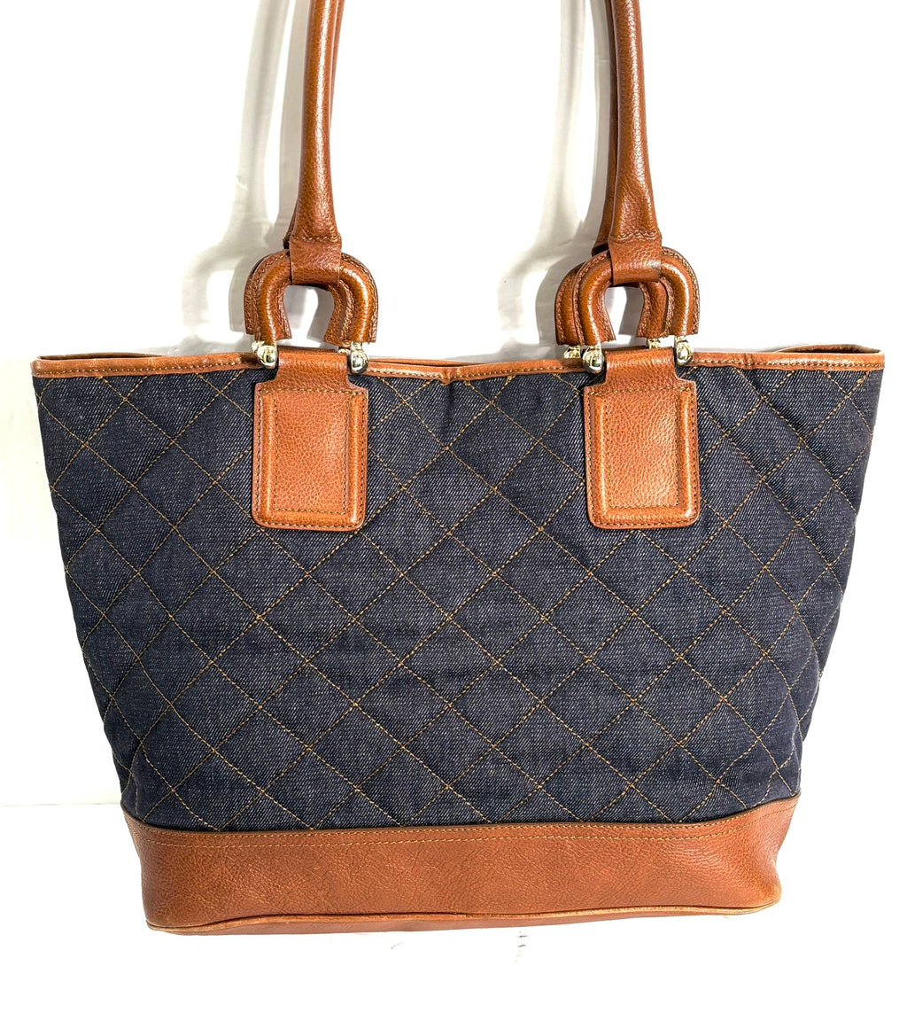 BURBERRY QUILTED DENIM & LEATHER GRANGE TOTE BAG