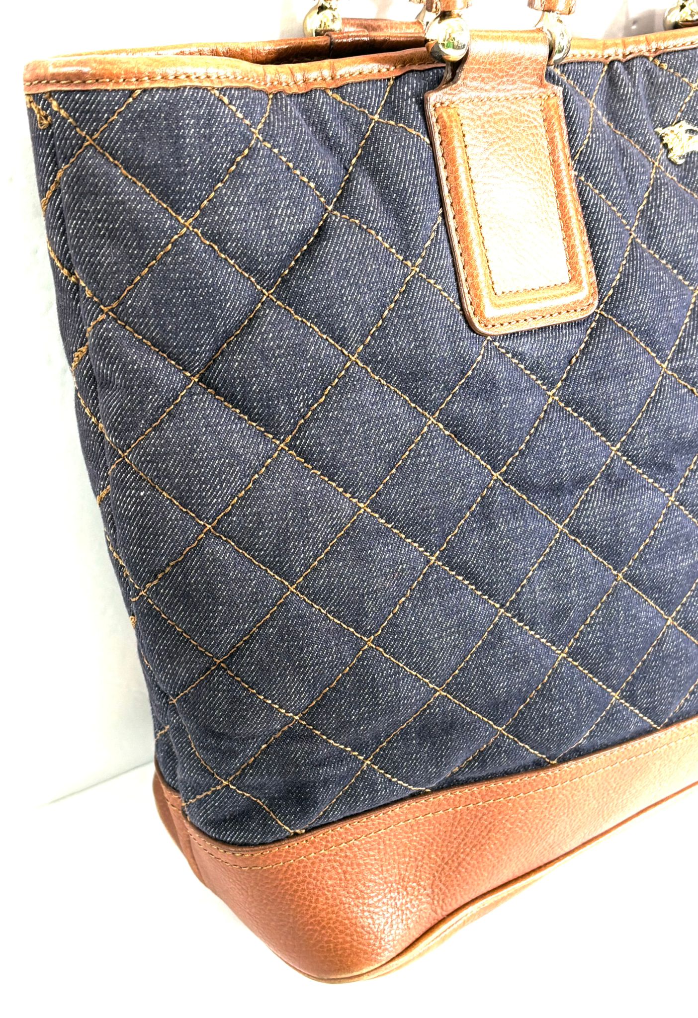 BURBERRY QUILTED DENIM & LEATHER GRANGE TOTE BAG