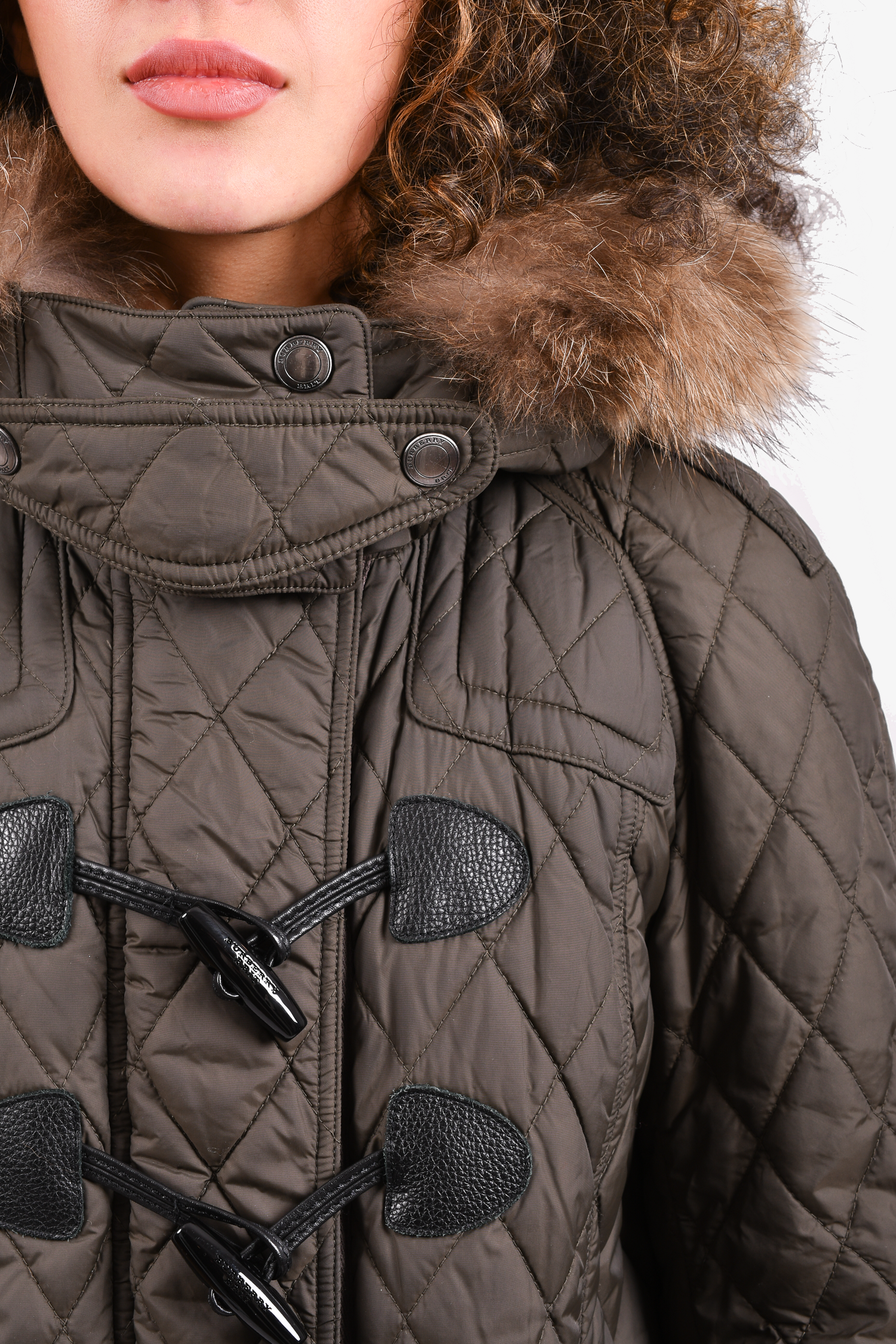 Burberry Brit Olive Green Quilted Peacoat with Fur Trim Size S