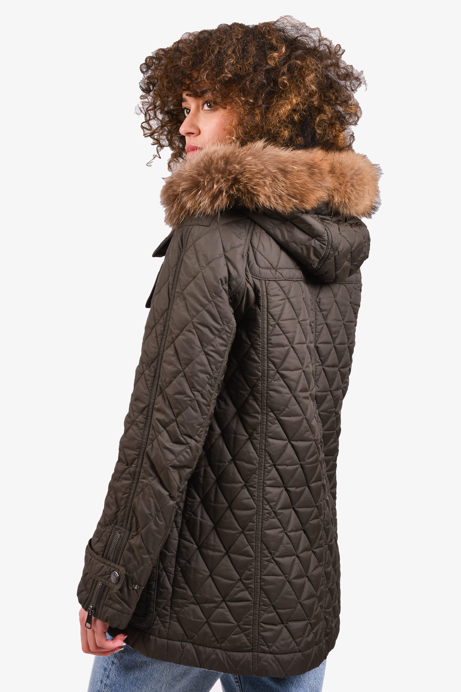 Burberry Brit Olive Green Quilted Peacoat with Fur Trim Size S