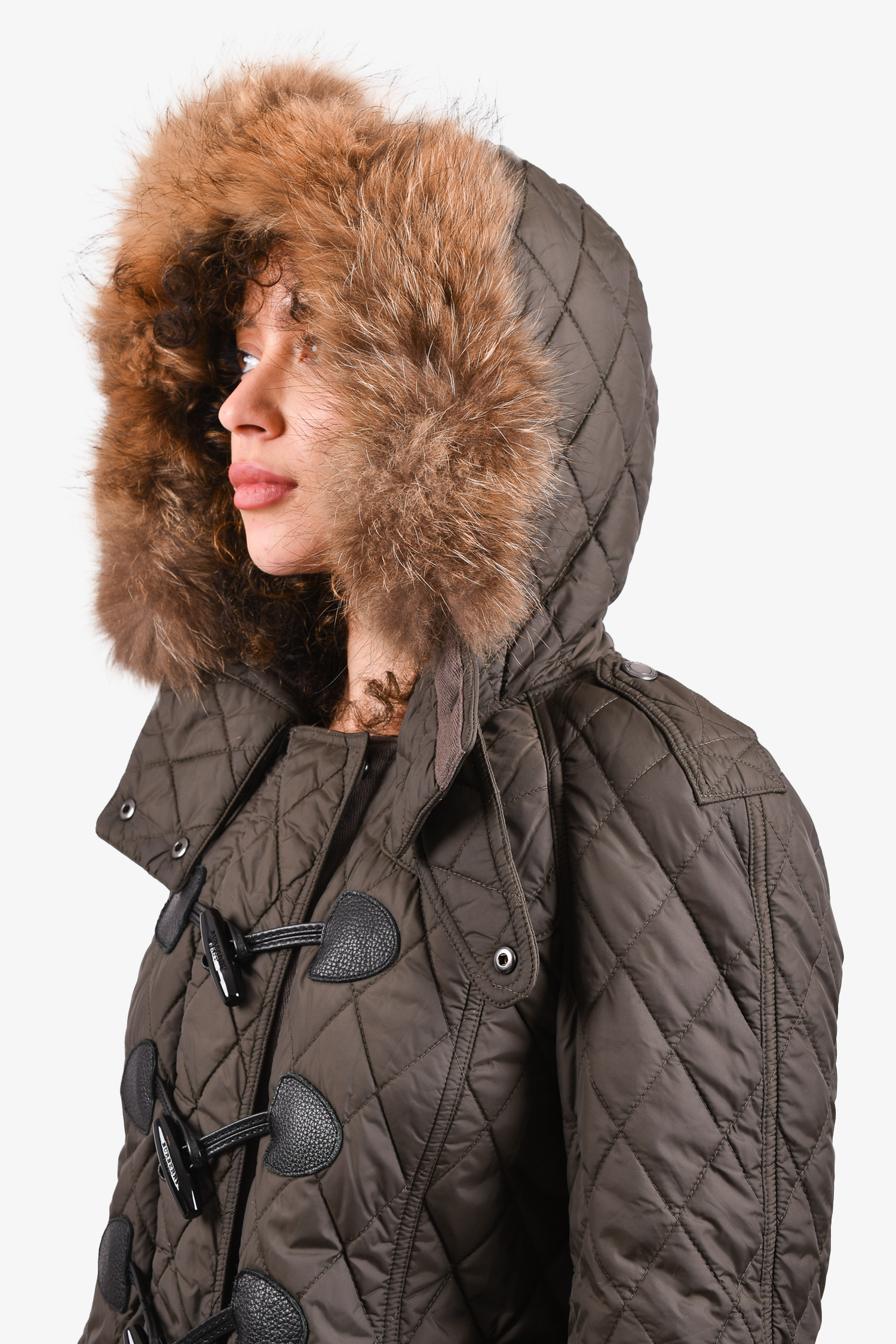 Burberry Brit Olive Green Quilted Peacoat with Fur Trim Size S