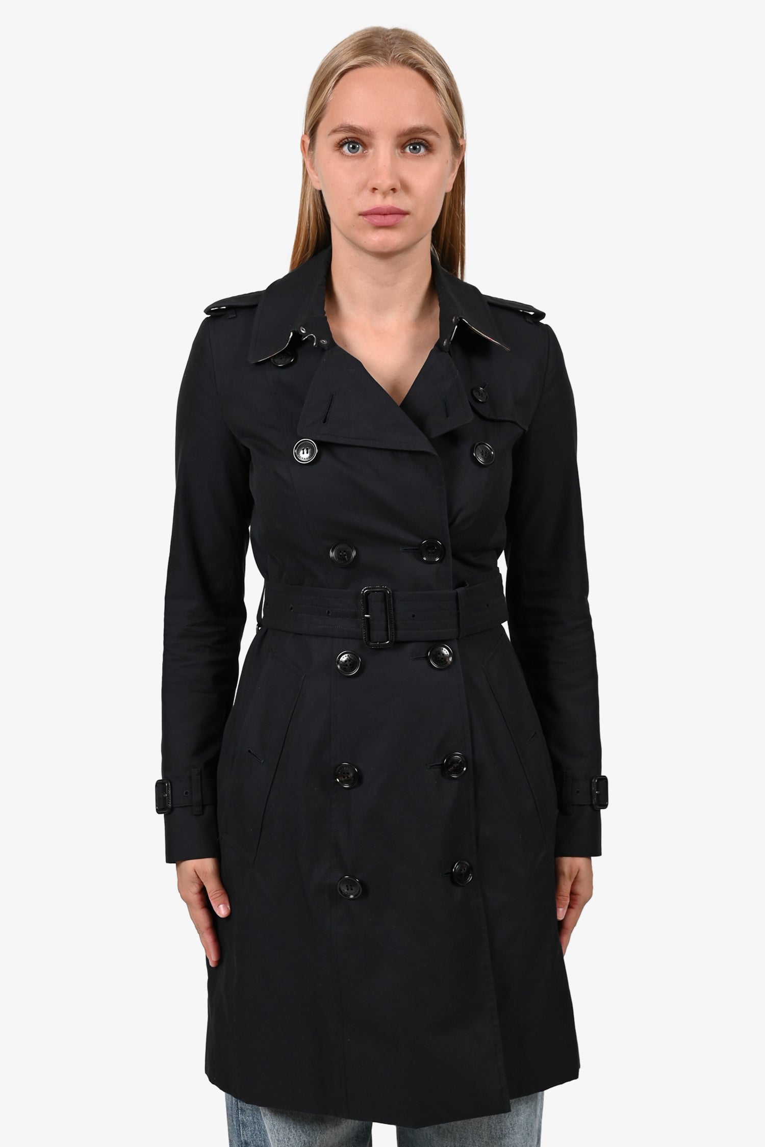 Burberry Navy Blue Cotton 'Chelsea' Trench Coat with Belt Size 0