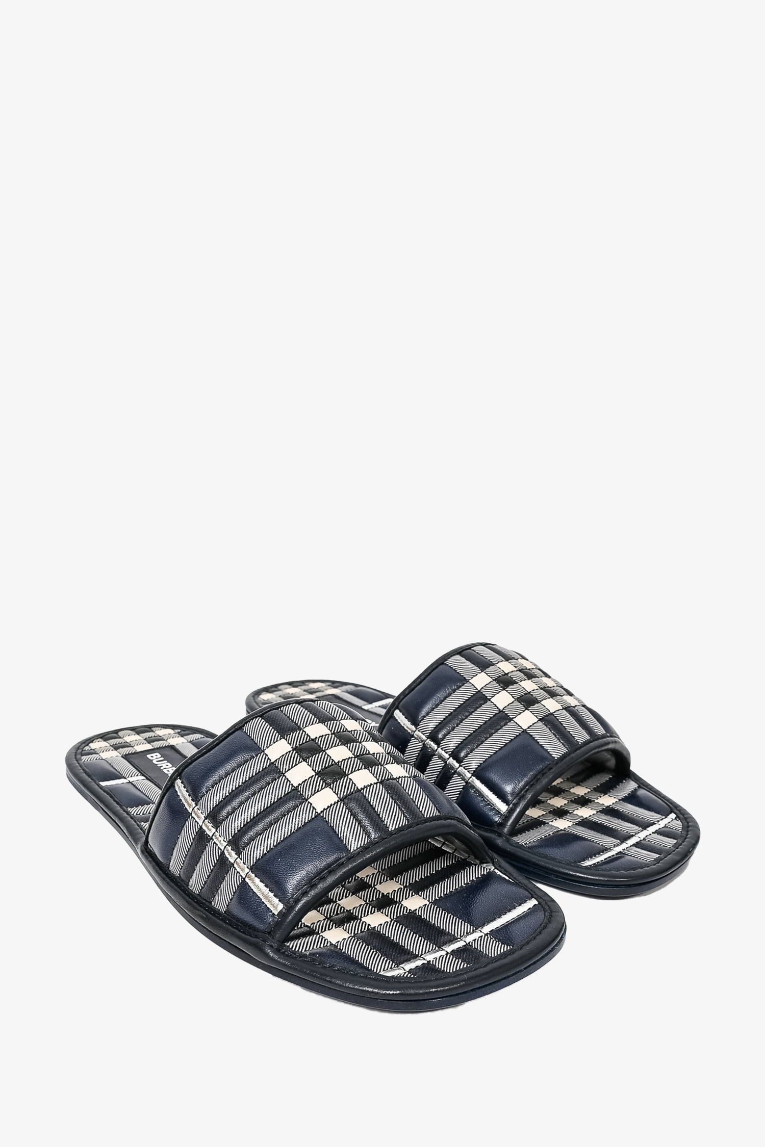 Burberry Navy Check Leather Slides Size 35