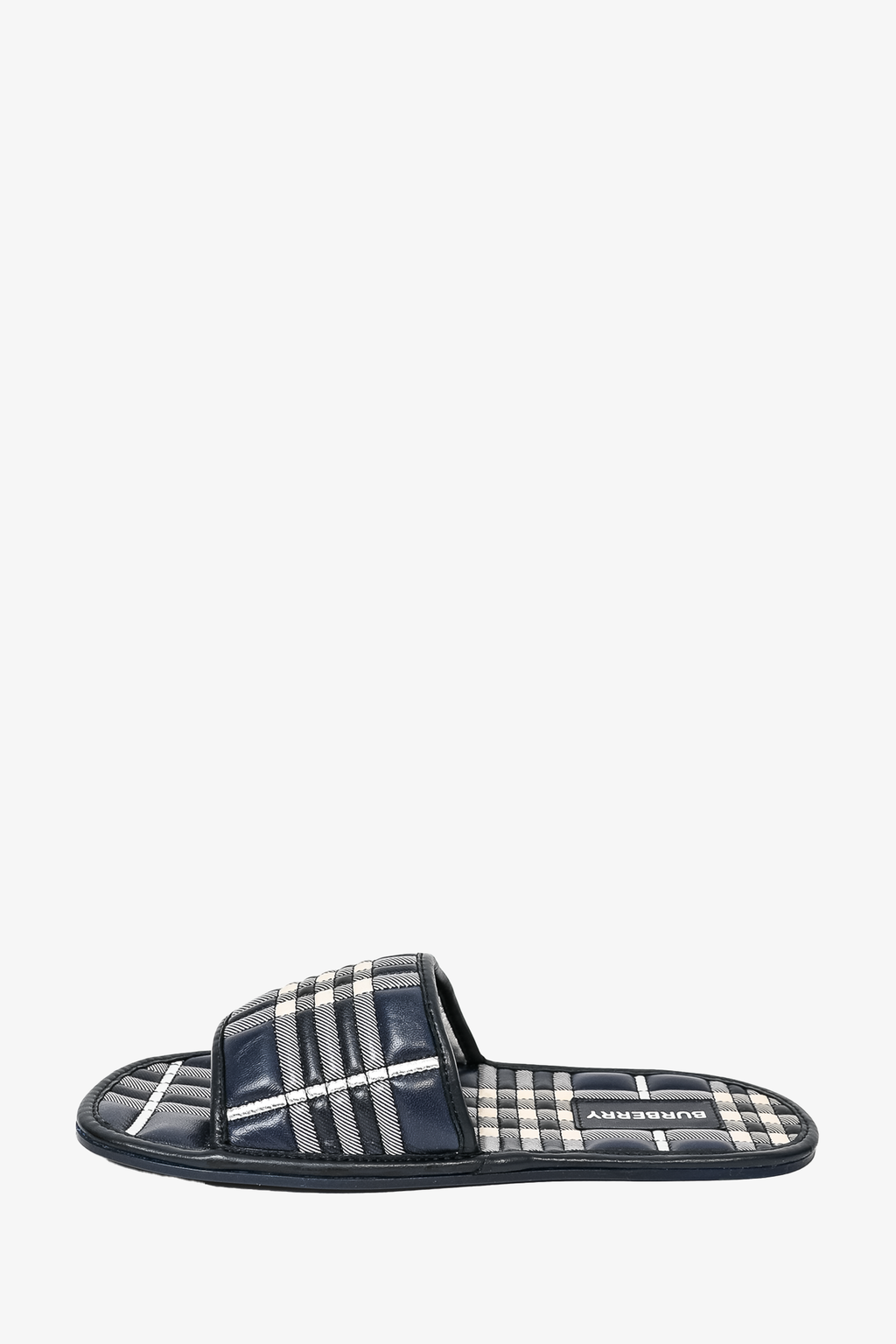Burberry Navy Check Leather Slides Size 35