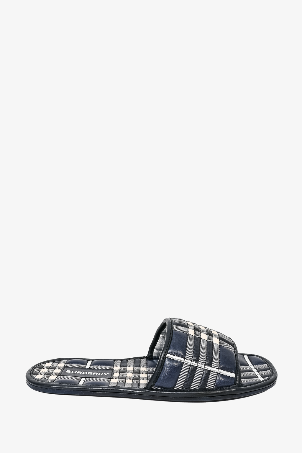 Burberry Navy Check Leather Slides Size 35