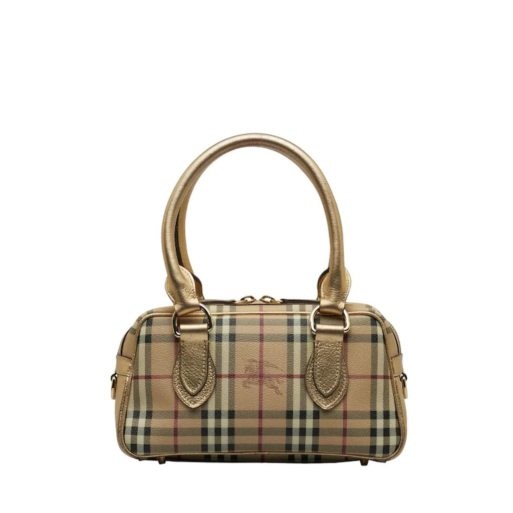 BURBERRY GOLD HAYMARKET CHECK PVC AND PATENT LEATHER BOWLER BAG