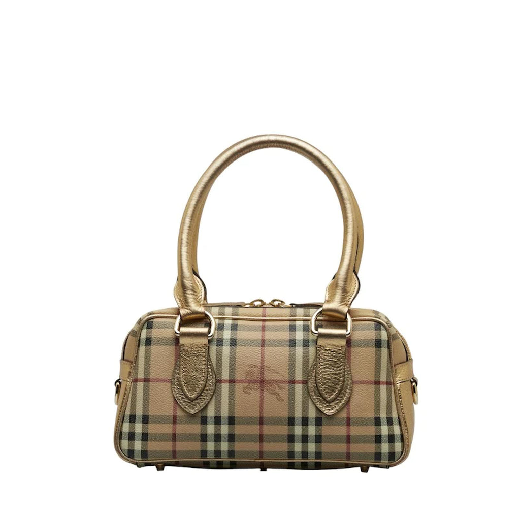 BURBERRY GOLD HAYMARKET CHECK PVC AND PATENT LEATHER BOWLER BAG