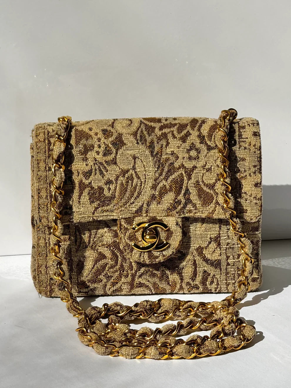 Chanel Vintage 1991 Bronze Metallic Brocade Mini Square Flap Bag
