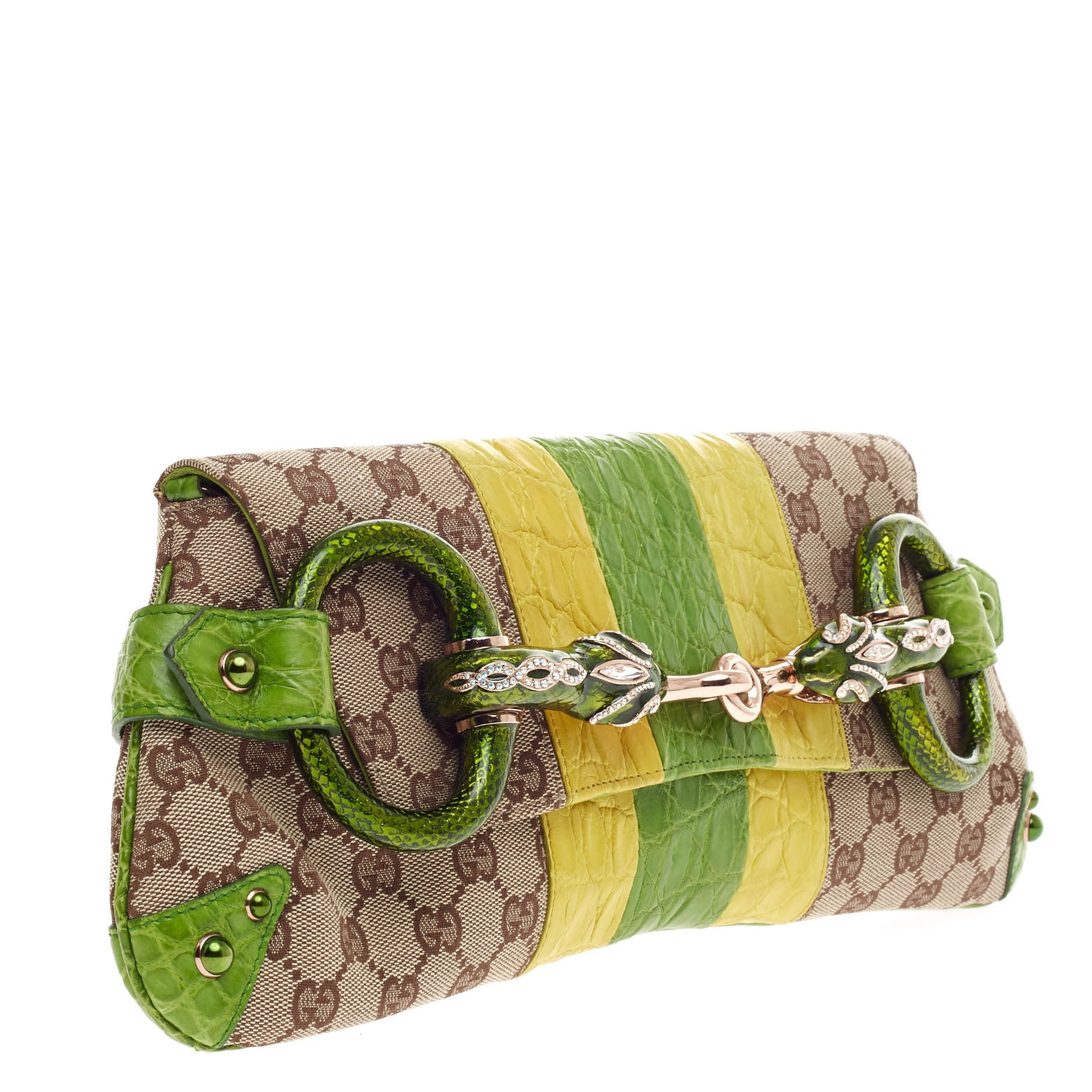Jeweled Snake Head Horsebit Chain Strap Clutch GG Canvas and Alligator